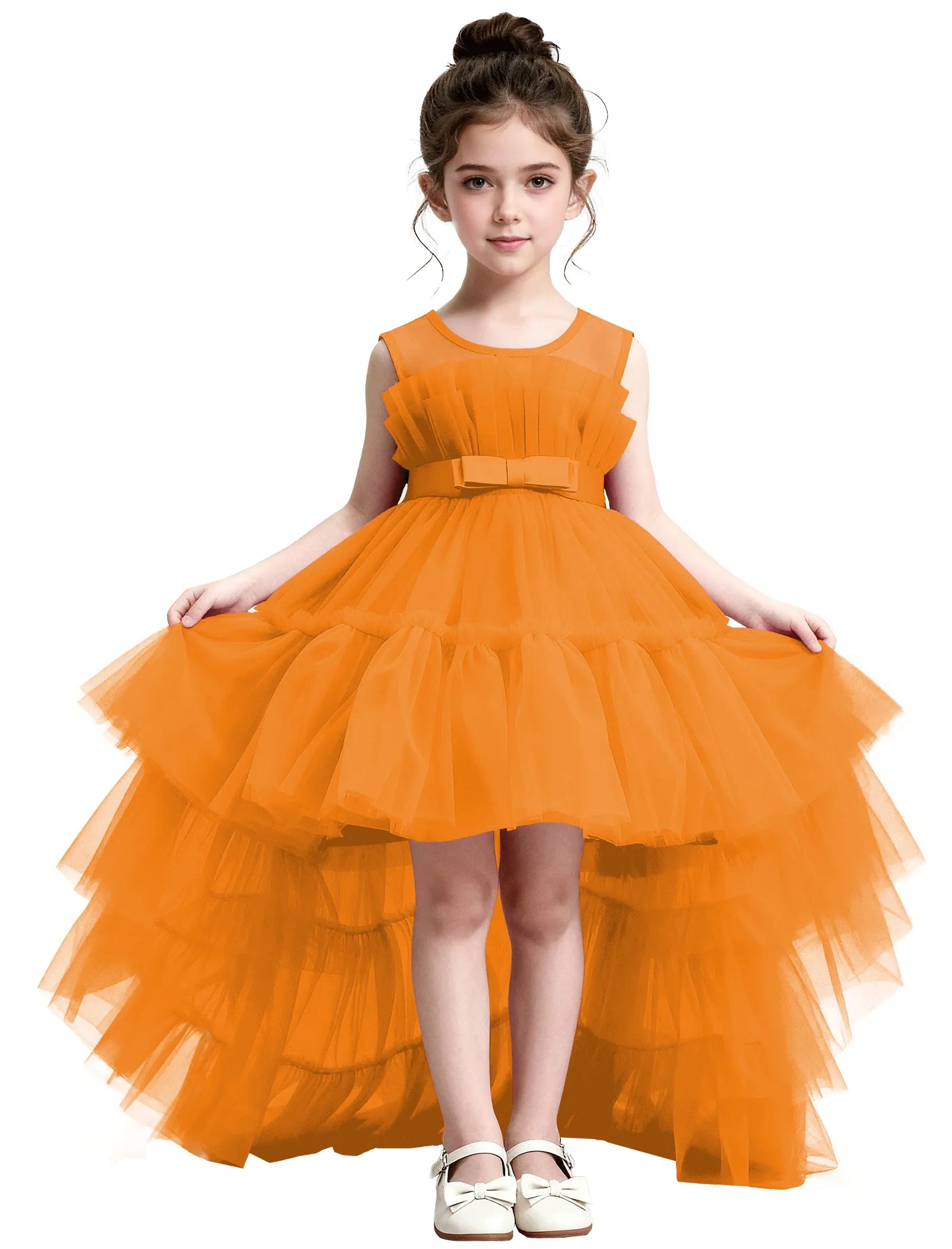 High-Low Ruffle Tulle Gown with Oversized Back Bow