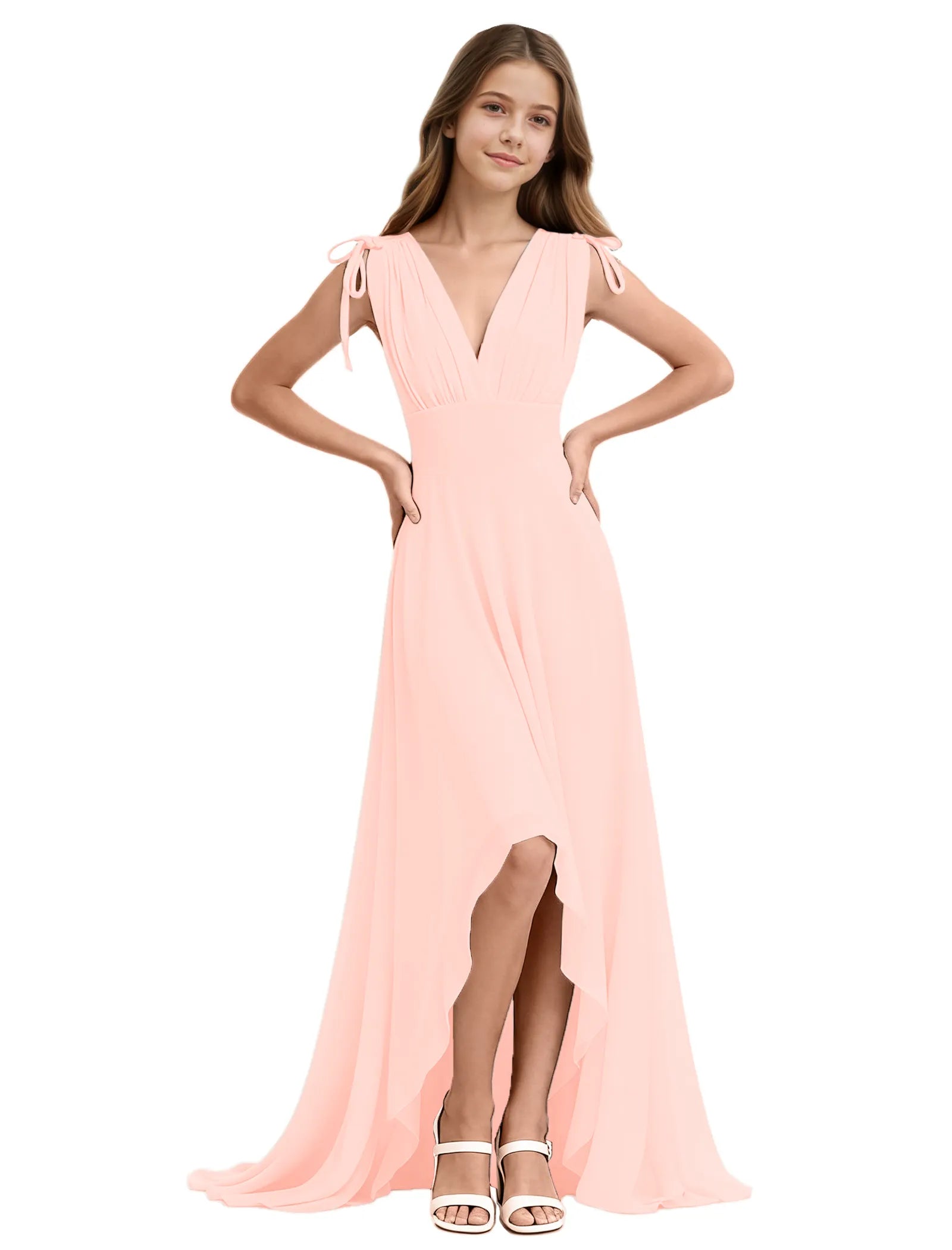 Youth High-Low Chiffon Dress with Bow Straps