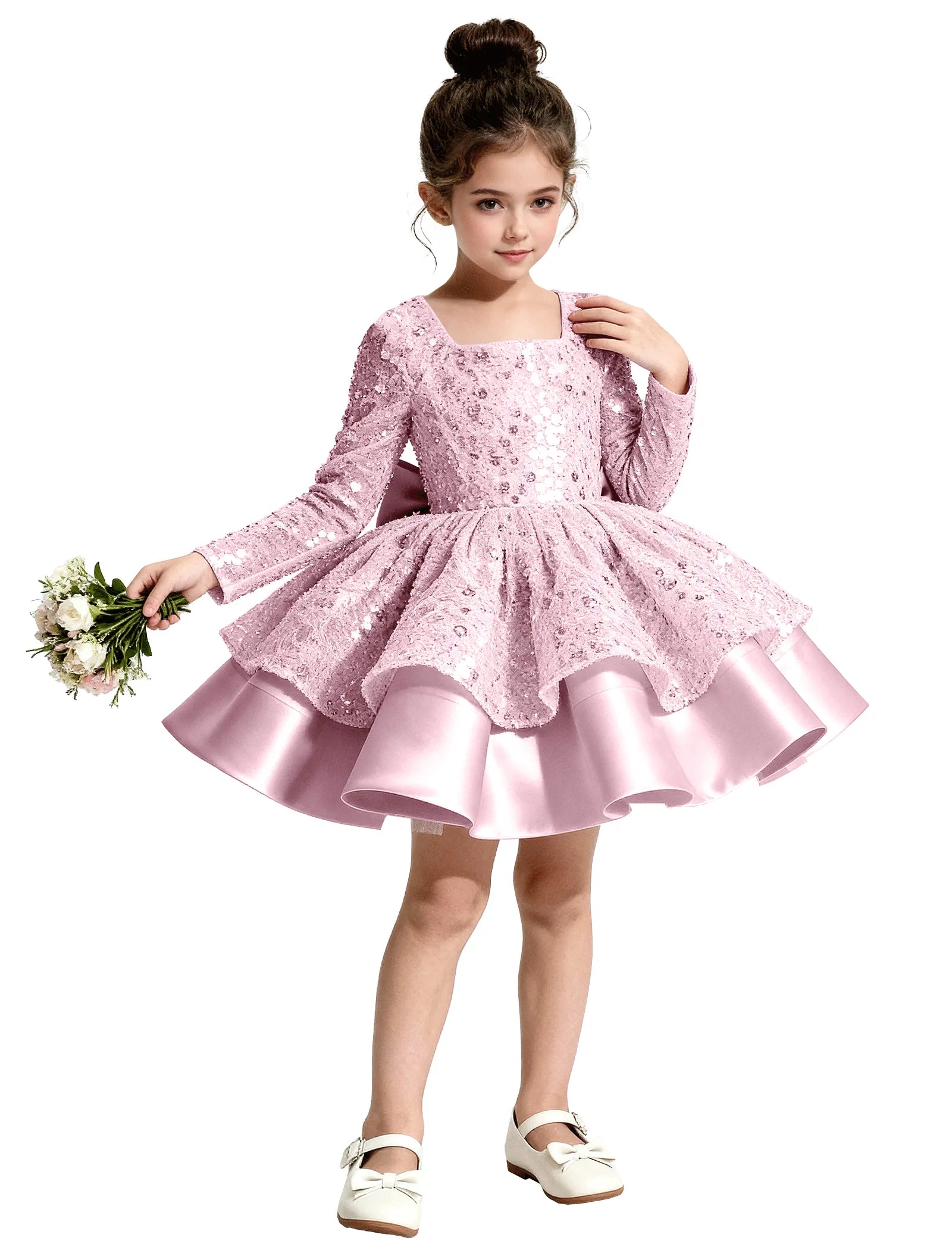 Sequin Bow Back Long Sleeve Flower Girl Dress