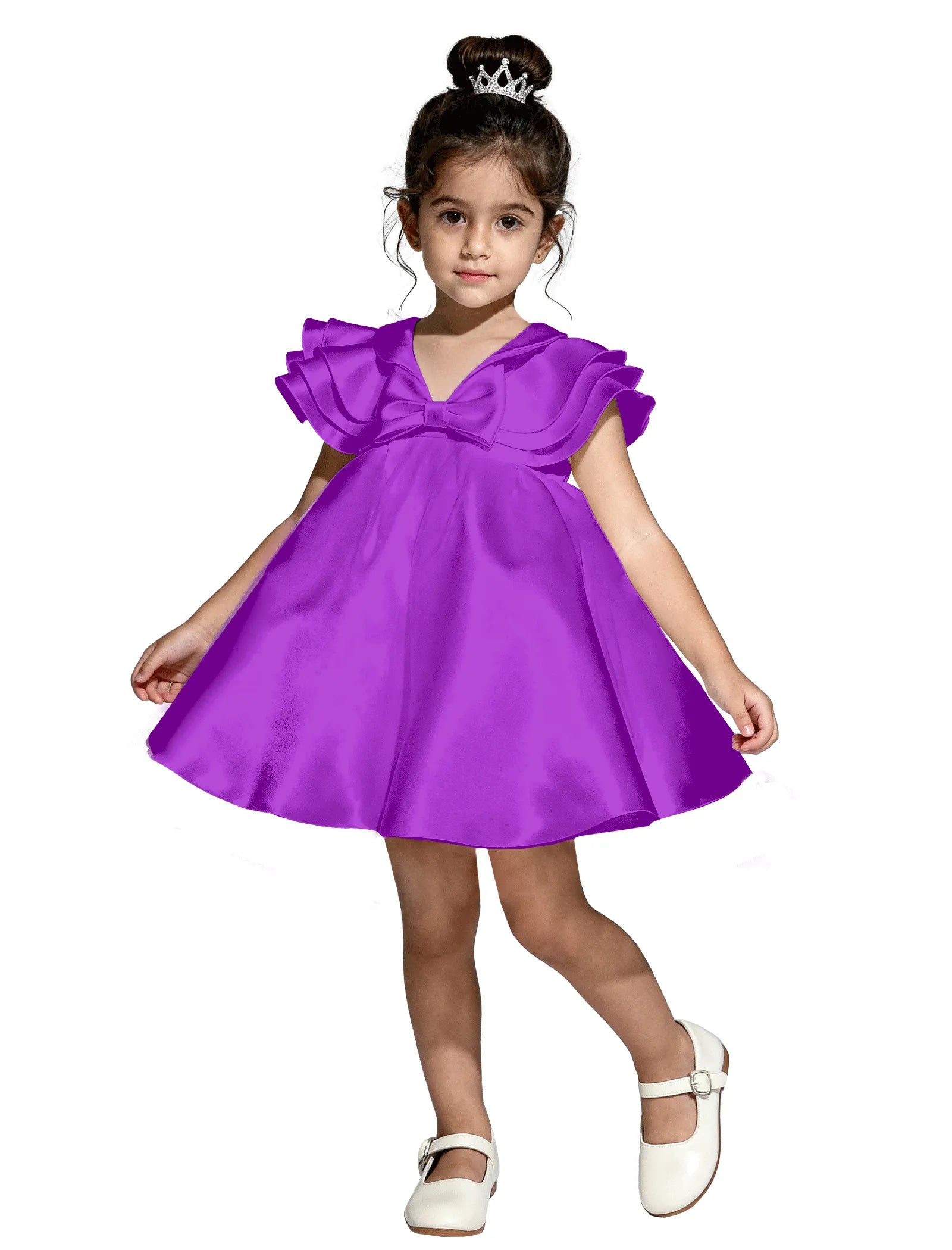 Layered Satin Bow Dress for Girls