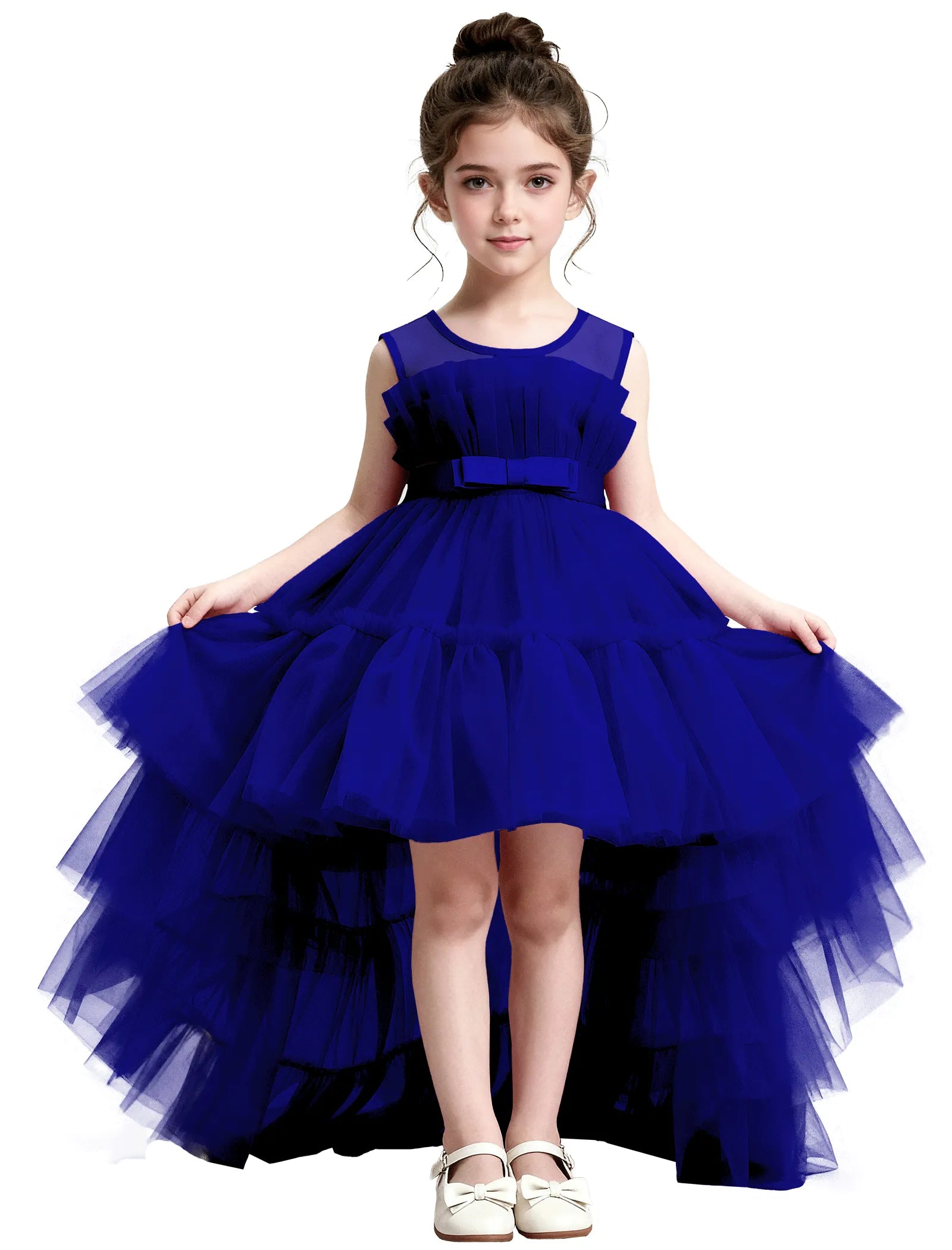 High-Low Ruffle Tulle Gown with Oversized Back Bow