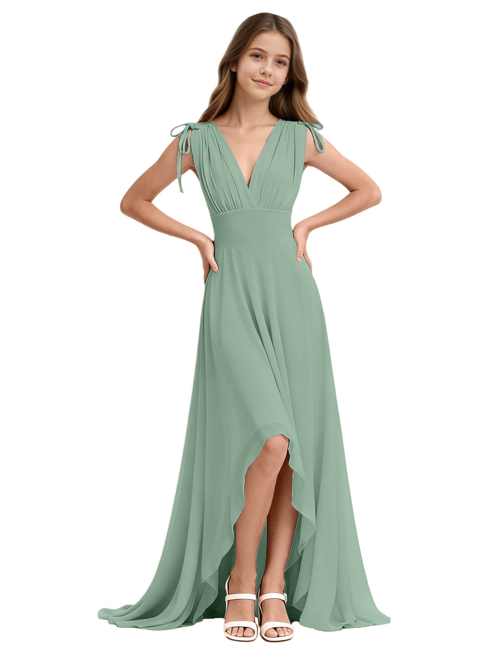 Youth High-Low Chiffon Dress with Bow Straps