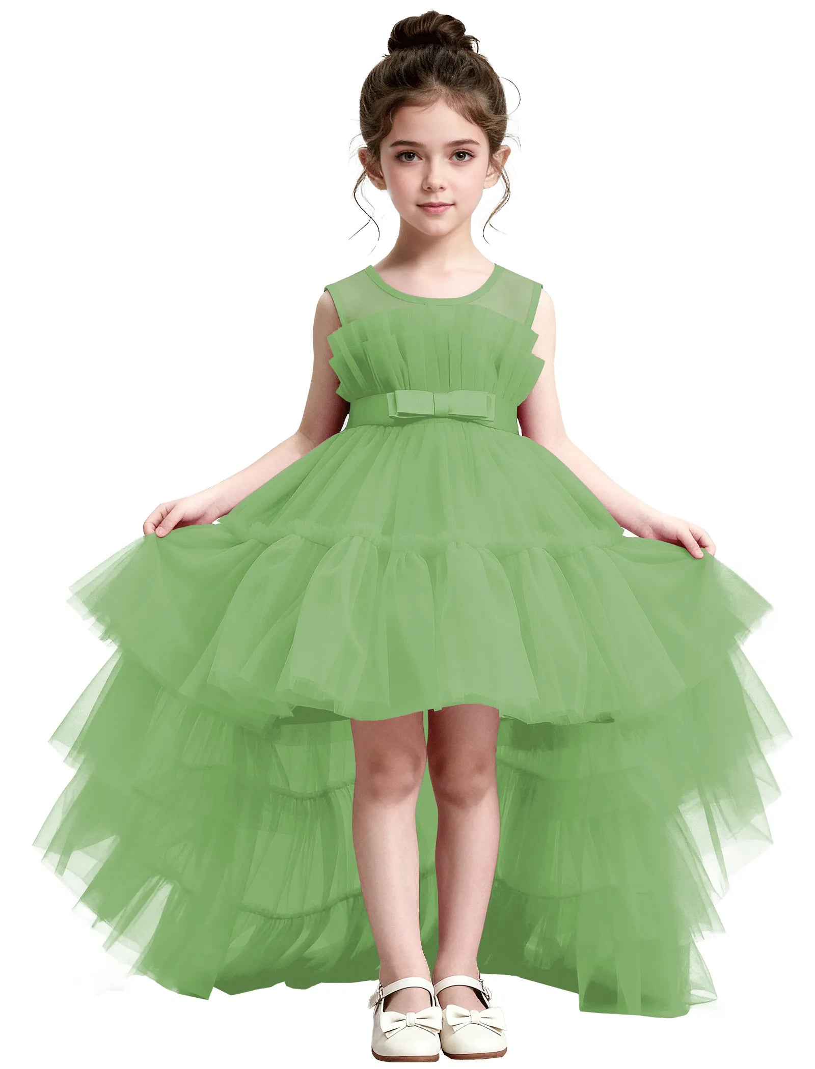 High-Low Ruffle Tulle Gown with Oversized Back Bow