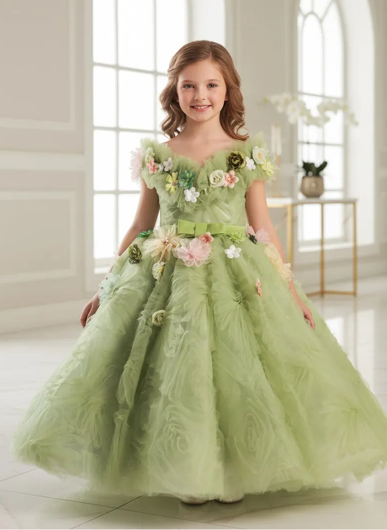 3D Floral Tulle Flower Girl Dress with Corset Back Design | Fynony 3D Floral Tulle Flower Girl Dress with Corset Back Design | Fynony