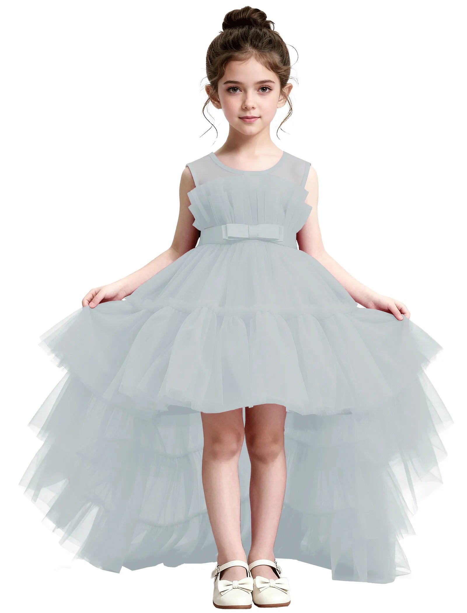 High-Low Ruffle Tulle Gown with Oversized Back Bow