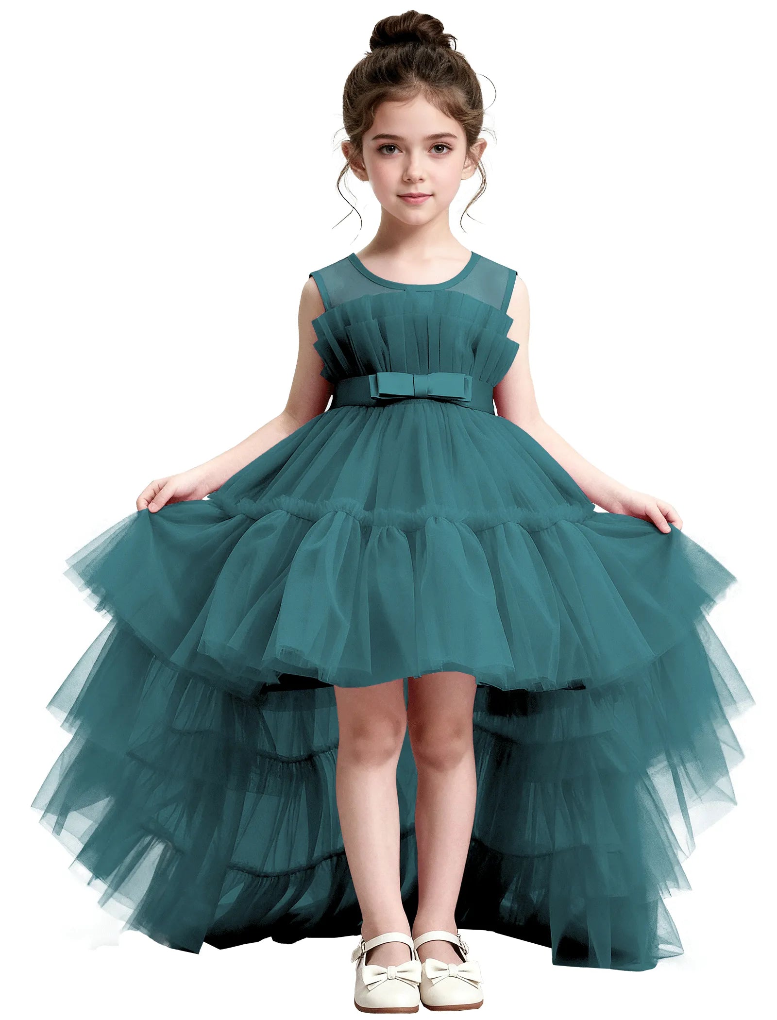 High-Low Ruffle Tulle Gown with Oversized Back Bow