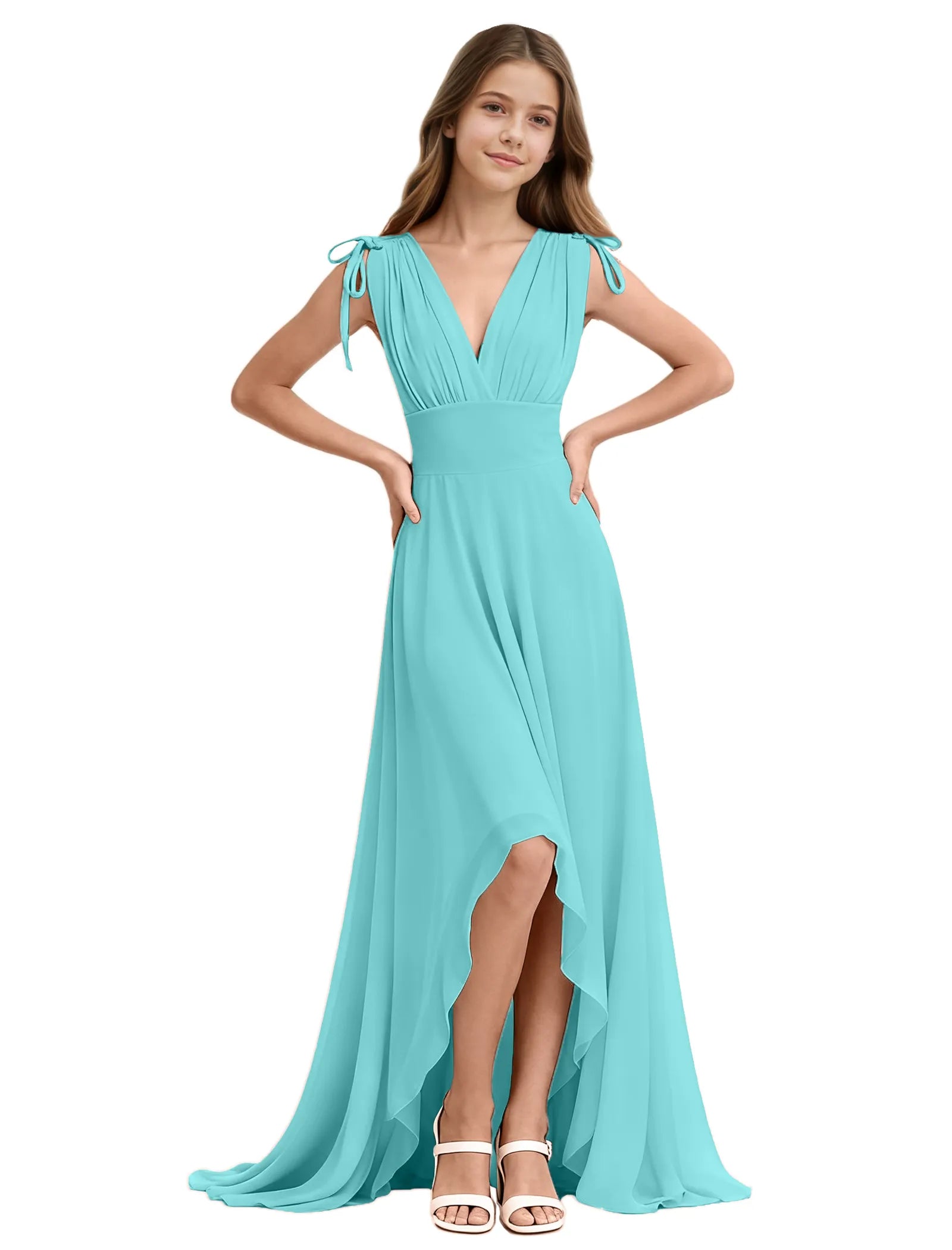 Youth High-Low Chiffon Dress with Bow Straps