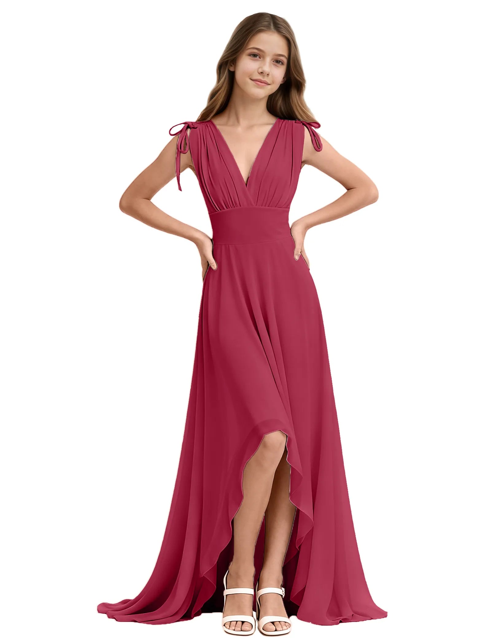 Youth High-Low Chiffon Dress with Bow Straps