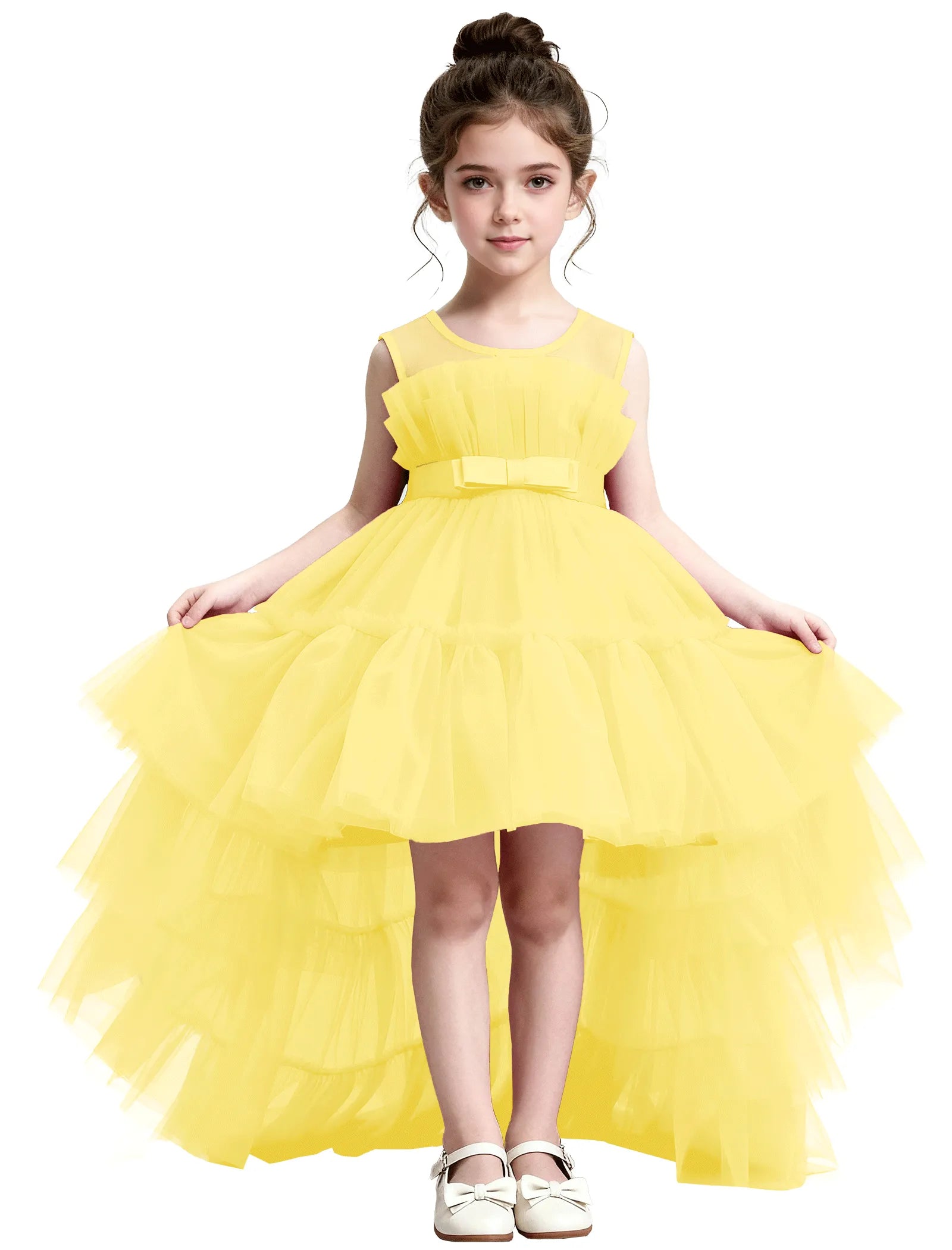 High-Low Ruffle Tulle Gown with Oversized Back Bow