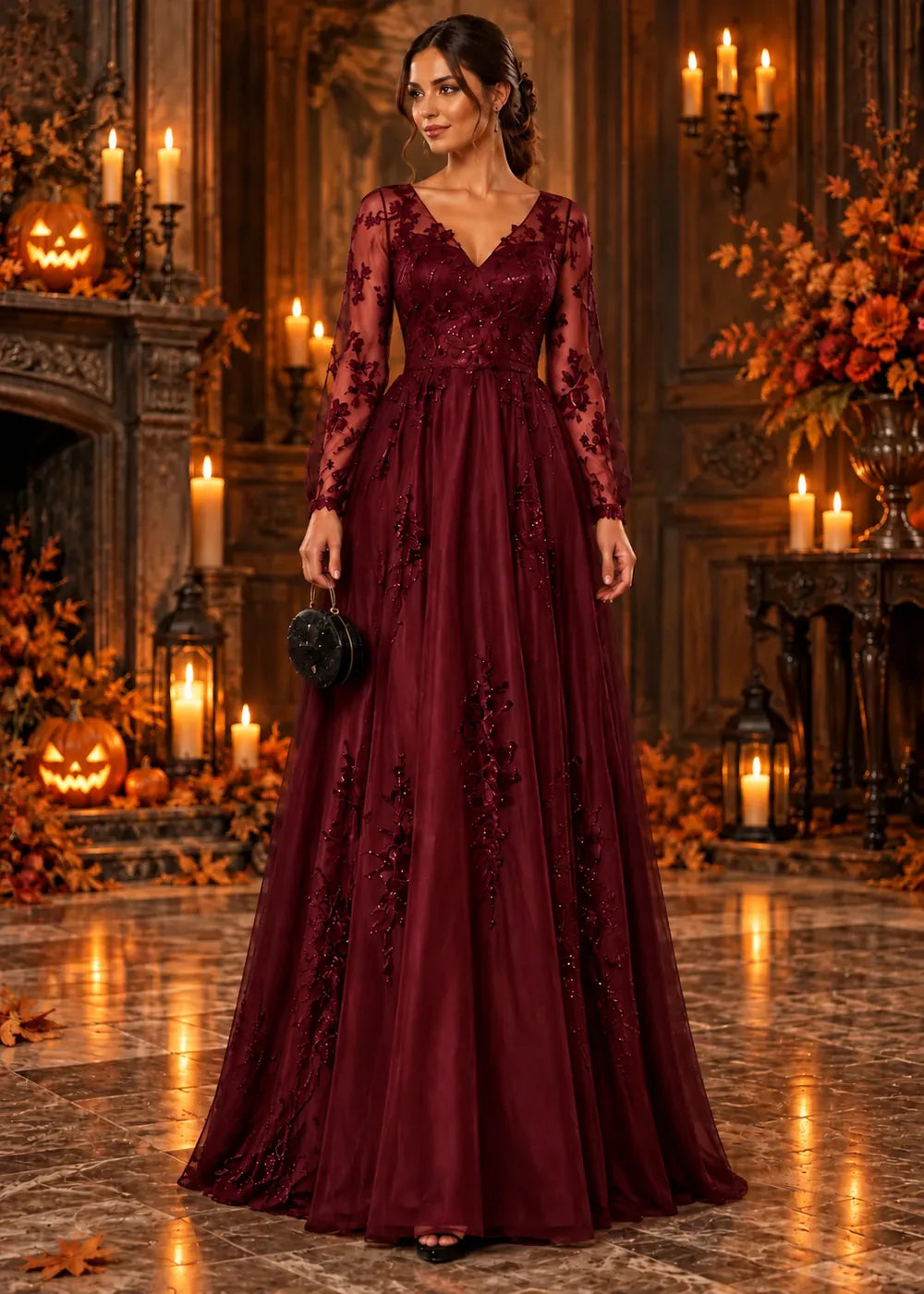 Front view of the burgundy evening gown with long sleeves and an allover floral-lace A-line skirt.
