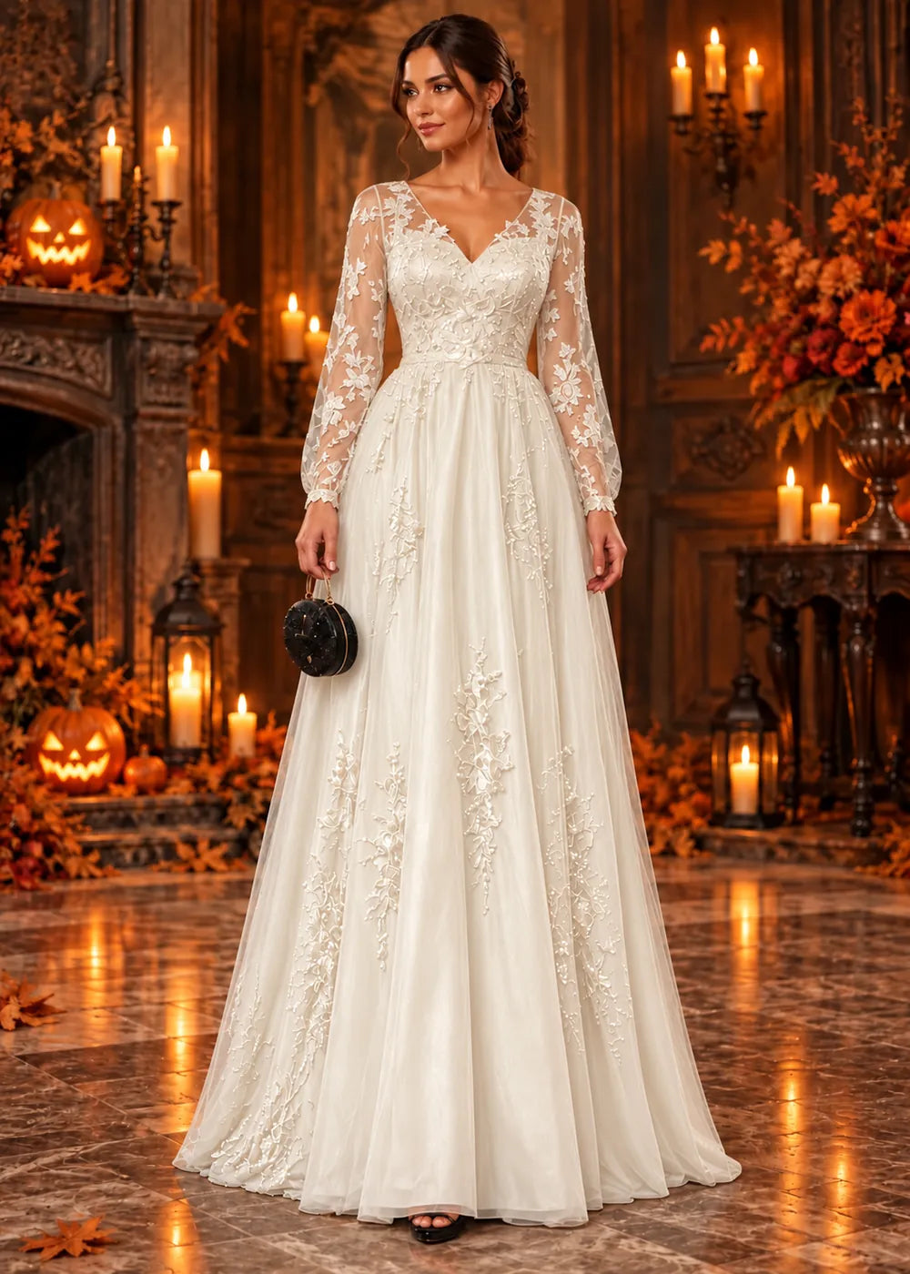 Front view of the ivory evening gown with long sleeves and an allover floral-lace A-line skirt.