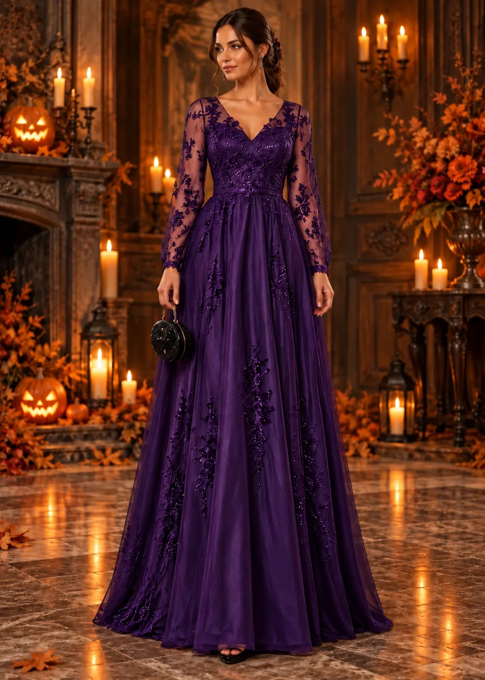 Front view of the purple evening gown with long sleeves and an allover floral-lace A-line skirt.