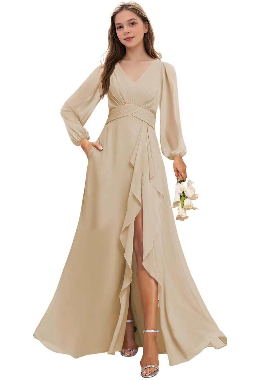 Elegant Chiffon Floor Length Flower Girl Dress with Long Sleeves | Fynony Elegant Chiffon Floor Length Flower Girl Dress with Long Sleeves | Fynony