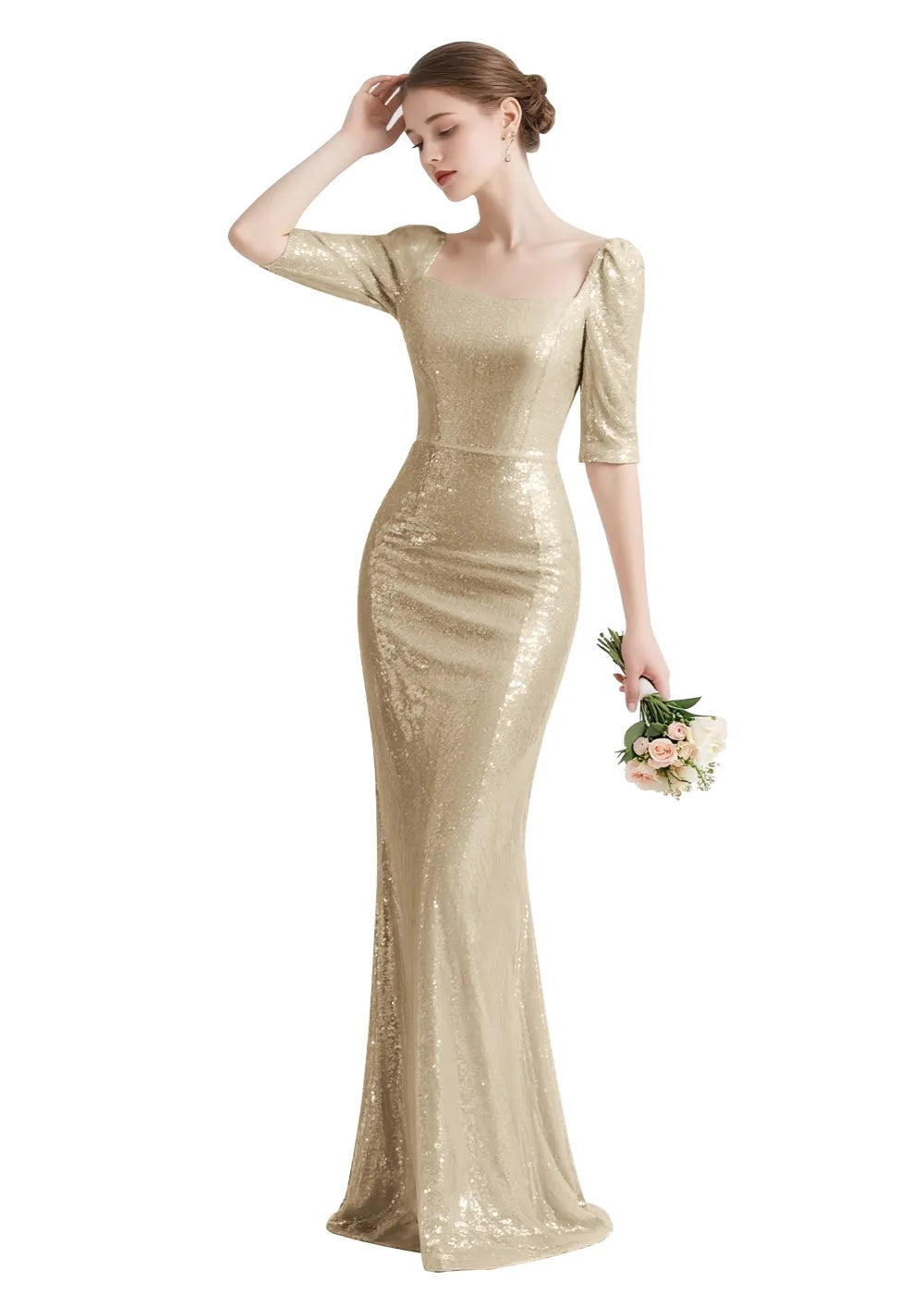 Elegant Square Neck Sequin Mermaid Gown