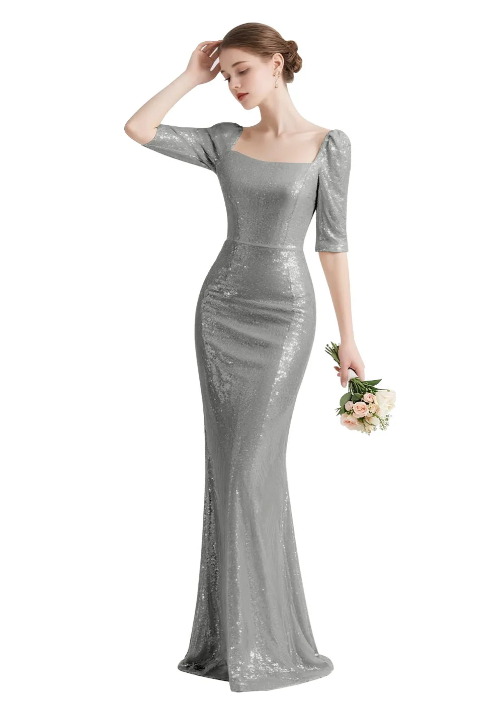 Elegant Square Neck Sequin Mermaid Gown