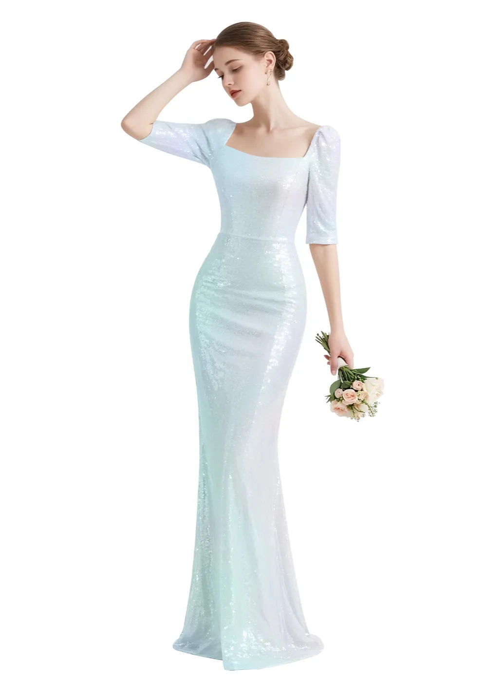 Elegant Square Neck Sequin Mermaid Gown