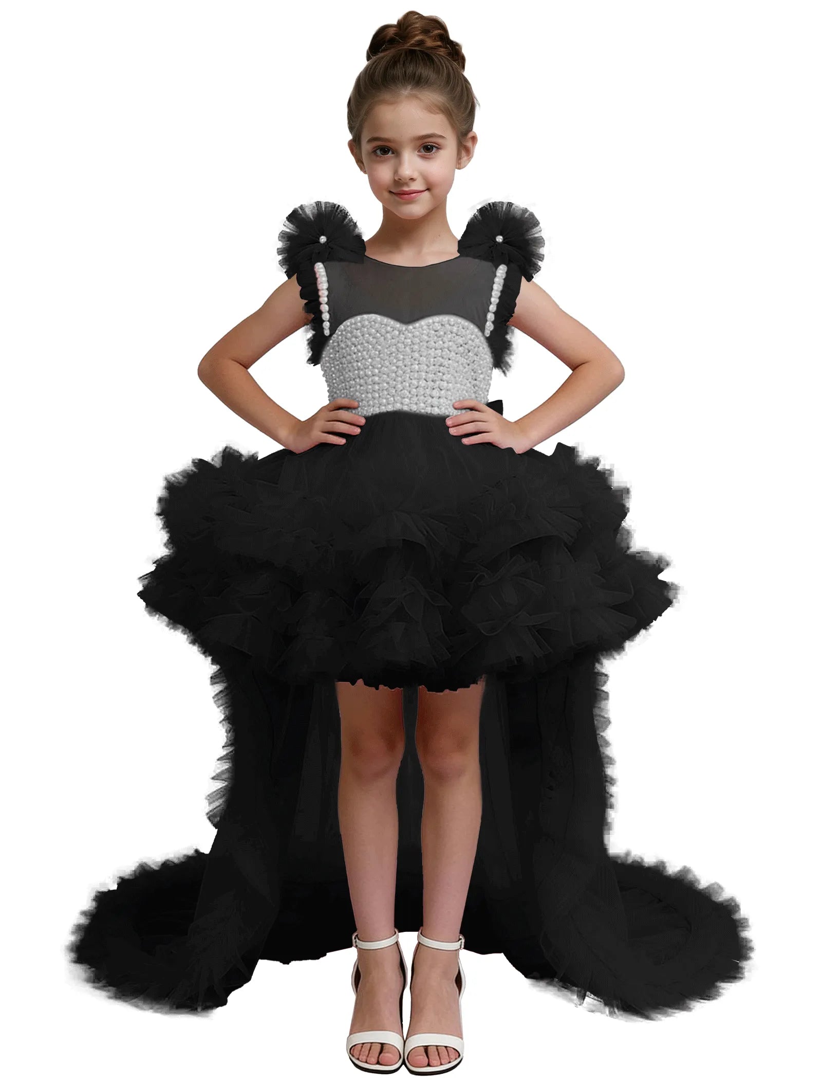 High-Low Pearl Bodice Tulle Princess Gown for Girls