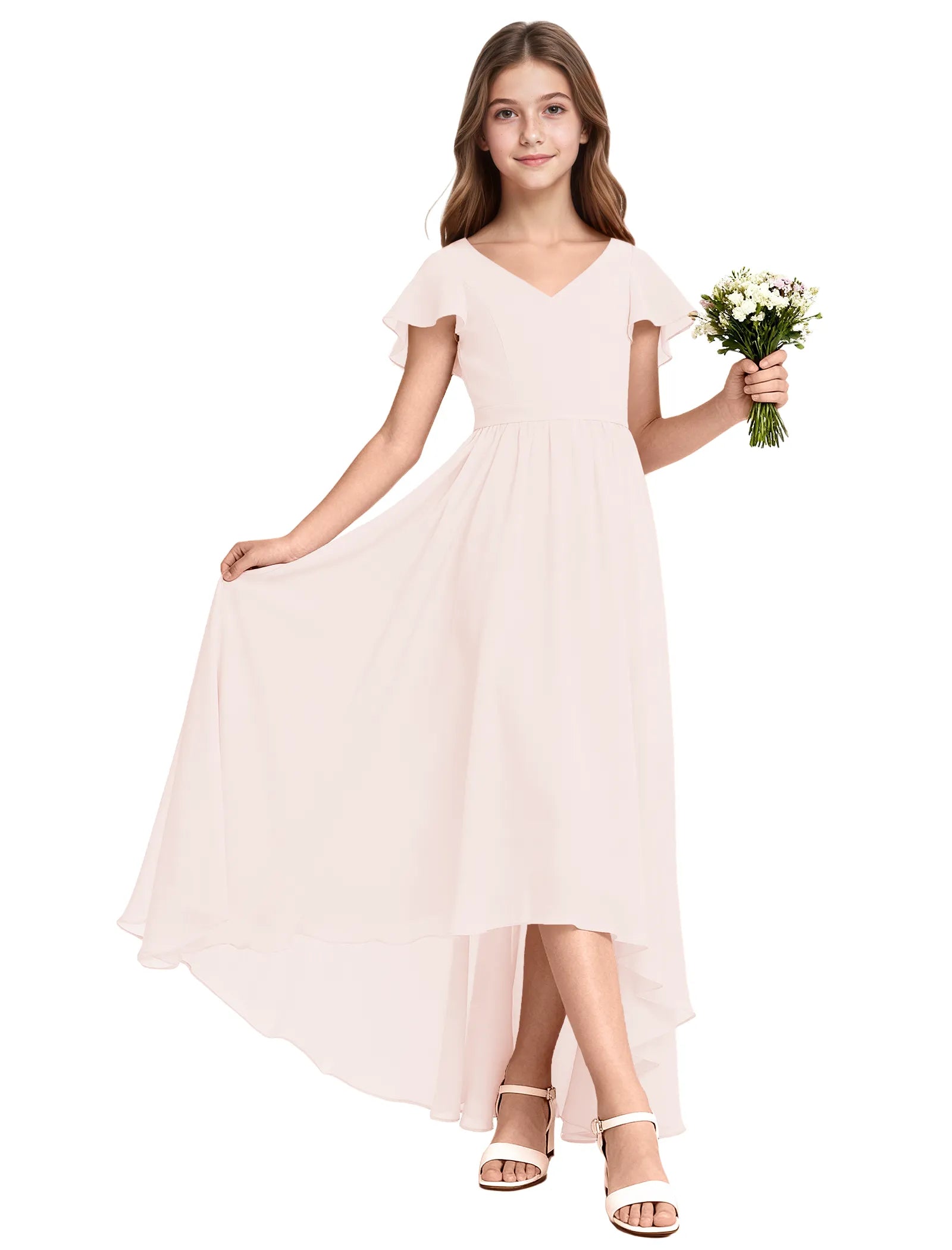 Girls Flutter Sleeve High Low Dress for Weddings