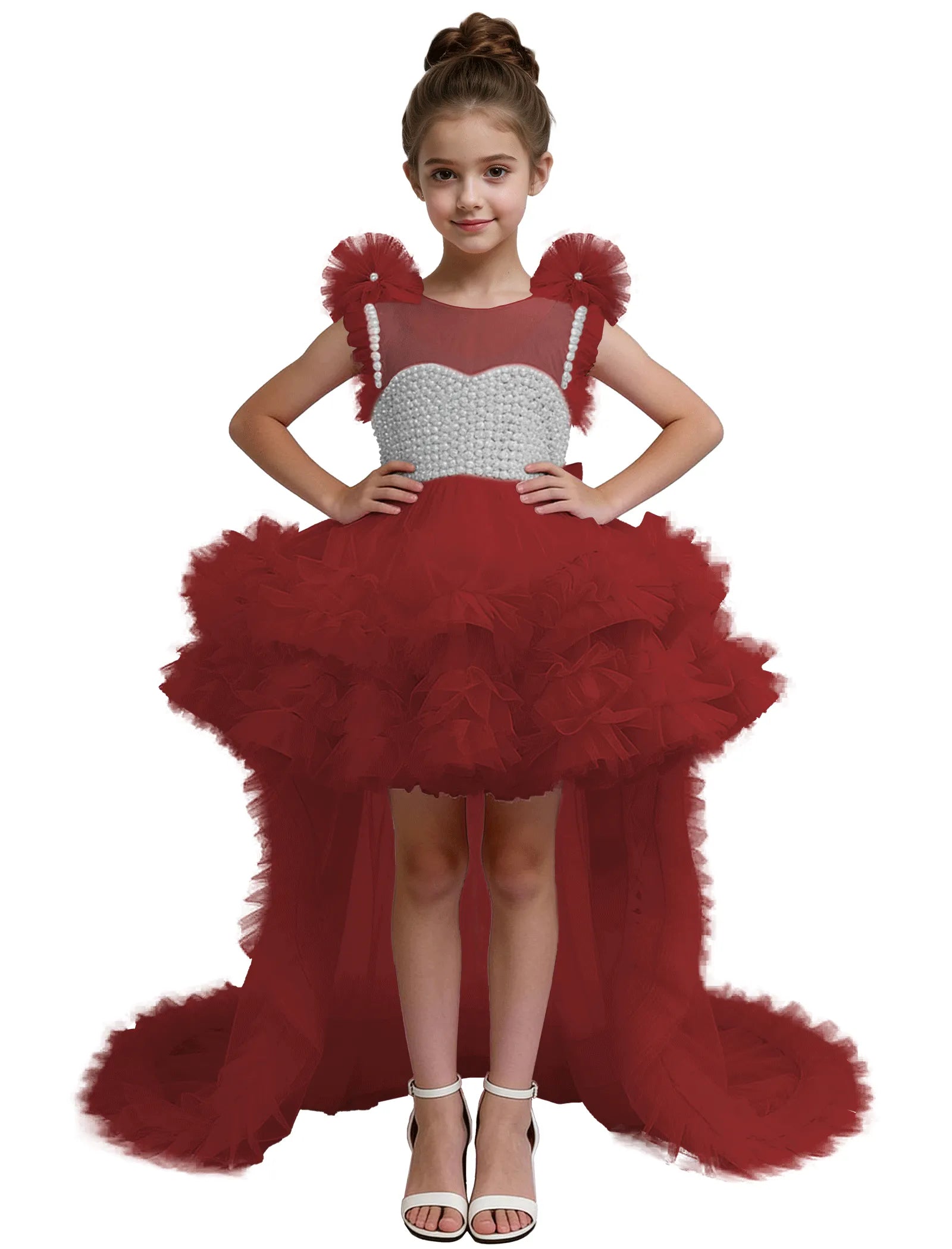 High-Low Pearl Bodice Tulle Princess Gown for Girls