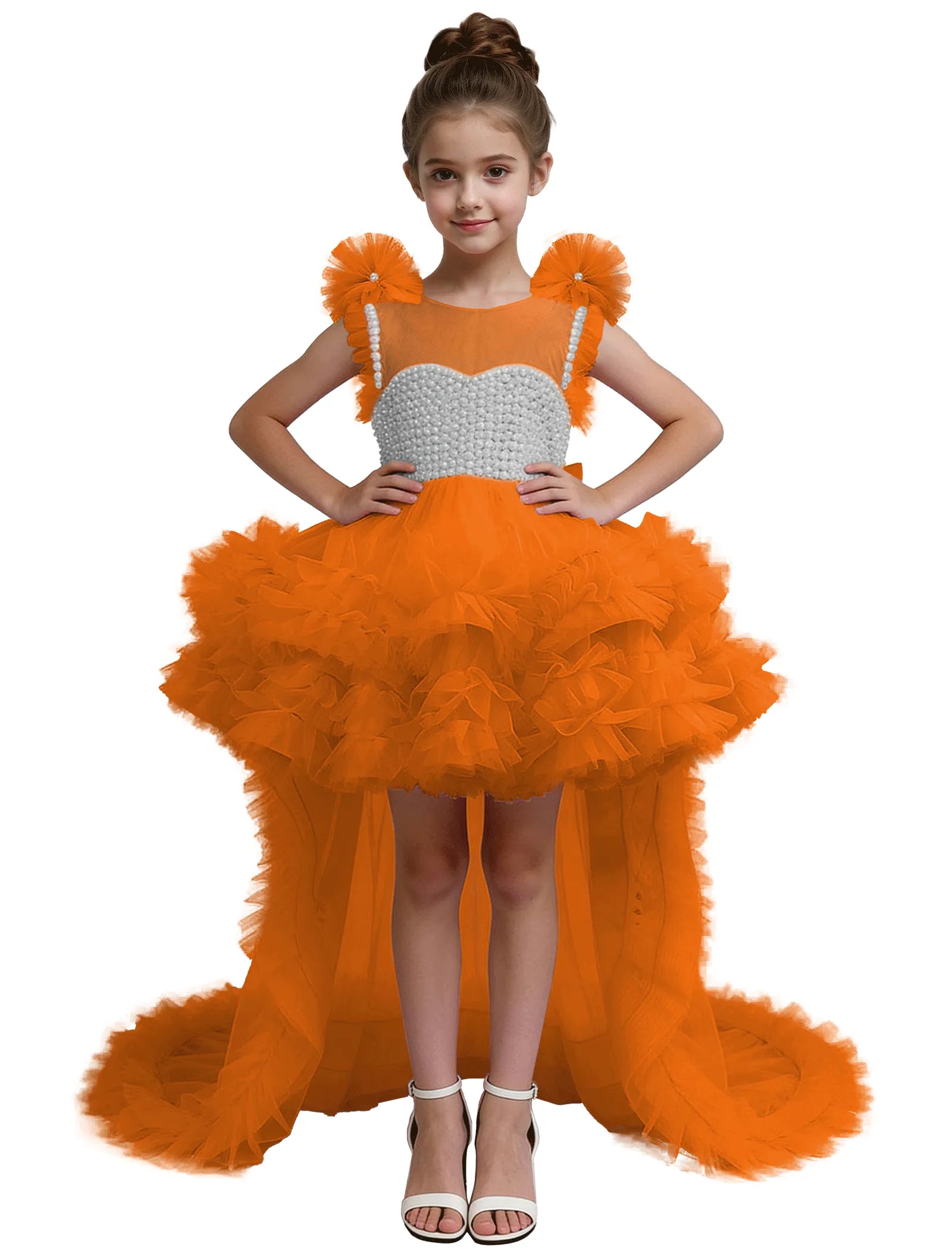 High-Low Pearl Bodice Tulle Princess Gown for Girls