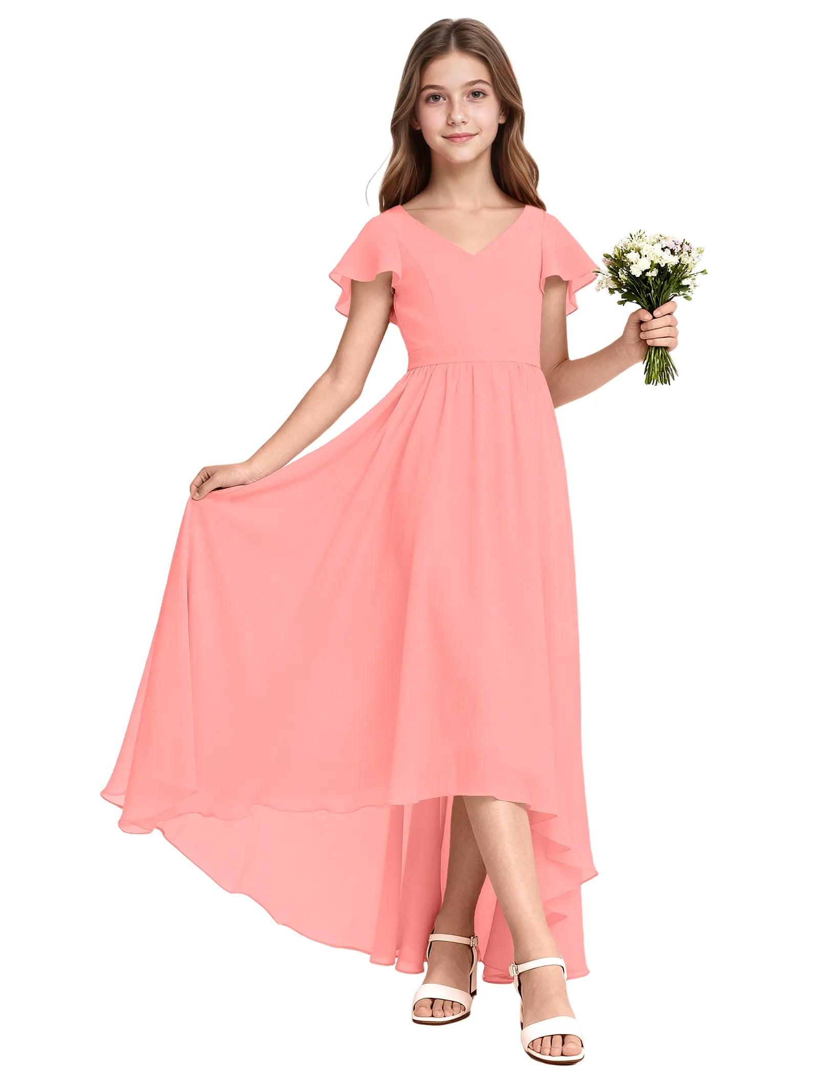 Girls Flutter Sleeve High Low Dress for Weddings