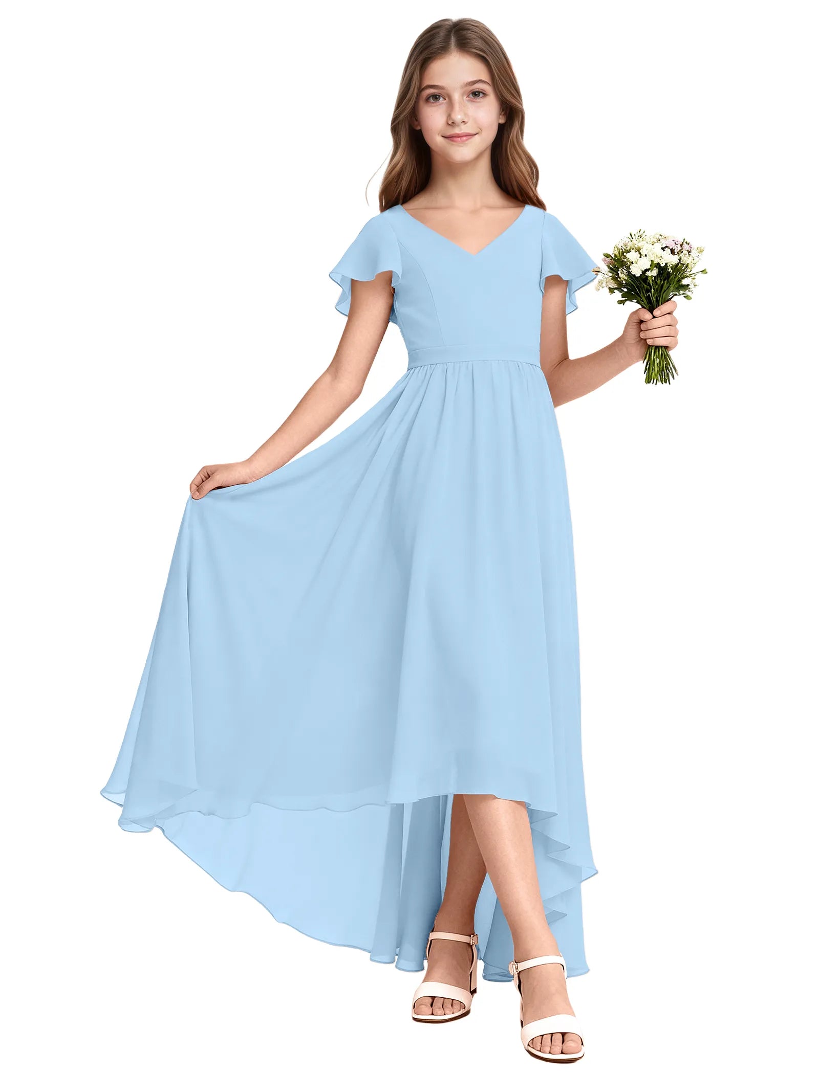 Girls Flutter Sleeve High Low Dress for Weddings