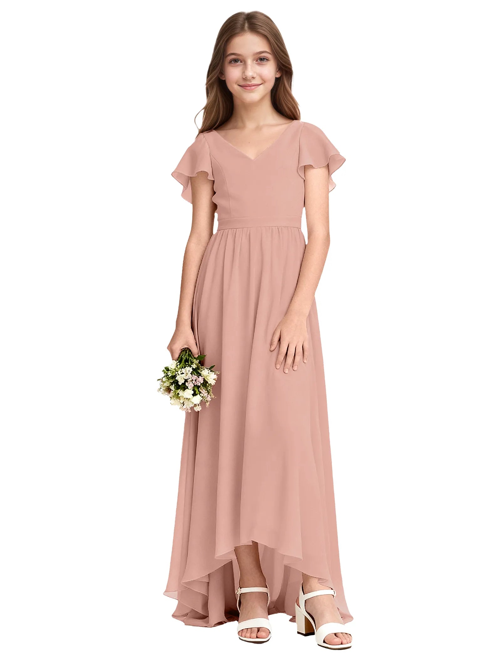 Girls Flutter Sleeve High Low Dress for Weddings