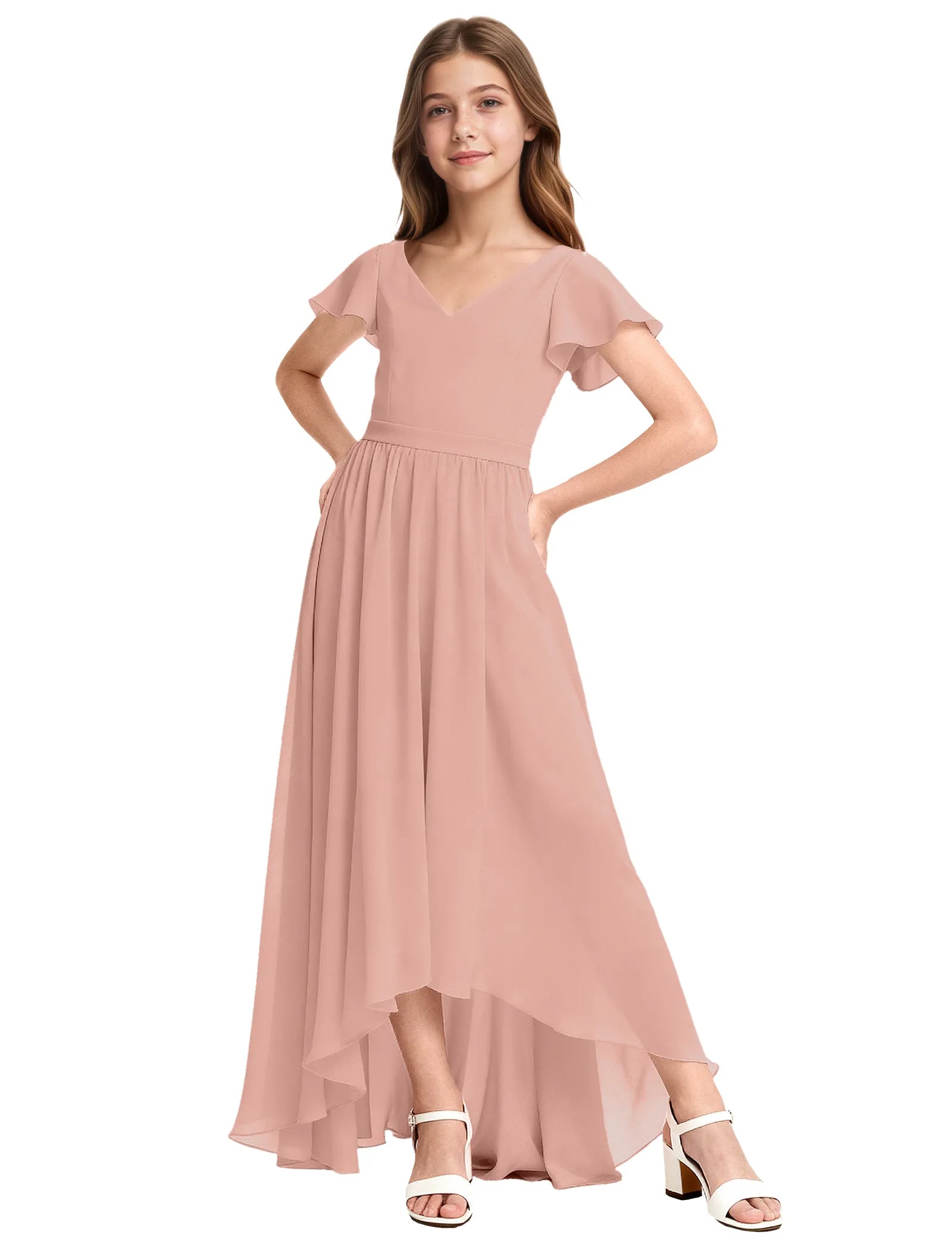 Girls Flutter Sleeve High Low Dress for Weddings