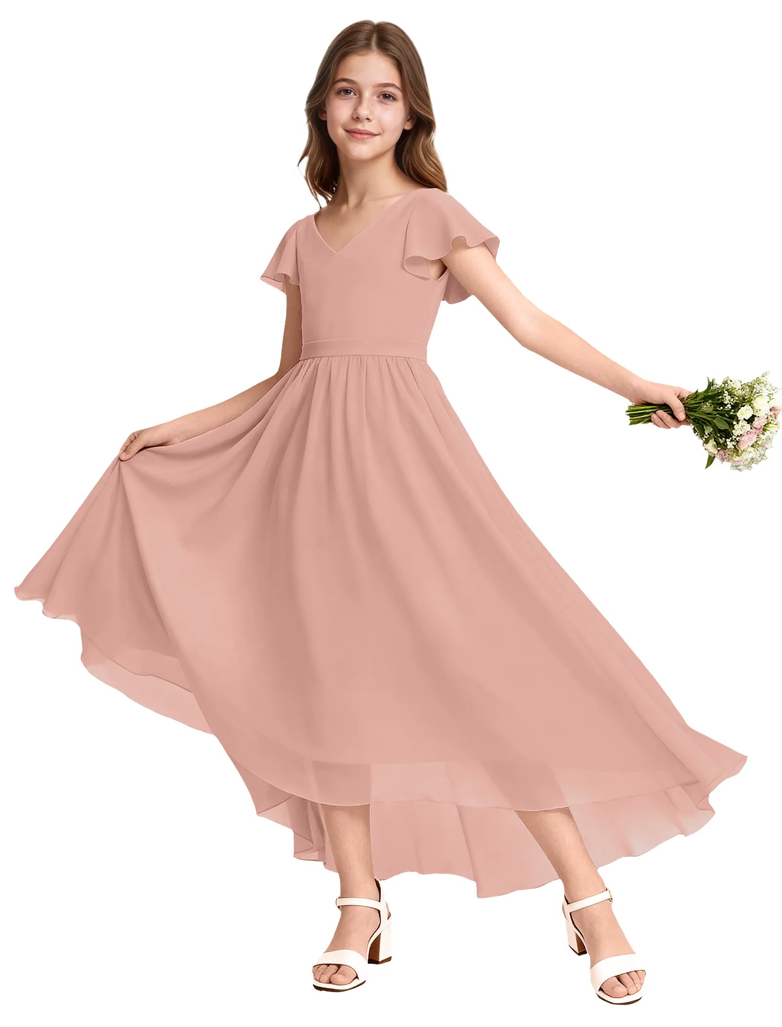 Girls Flutter Sleeve High Low Dress for Weddings
