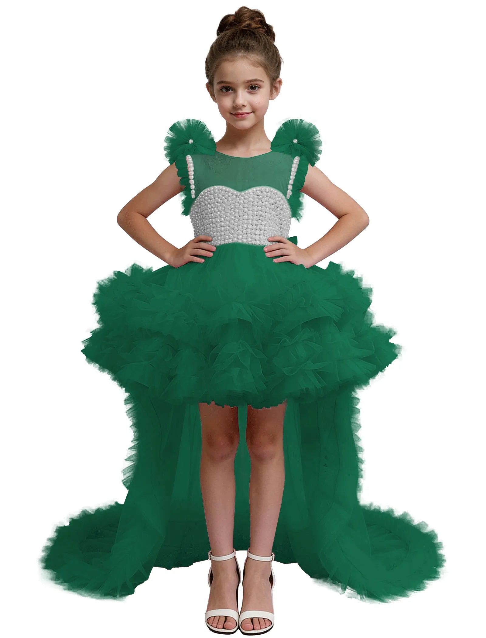 High-Low Pearl Bodice Tulle Princess Gown for Girls