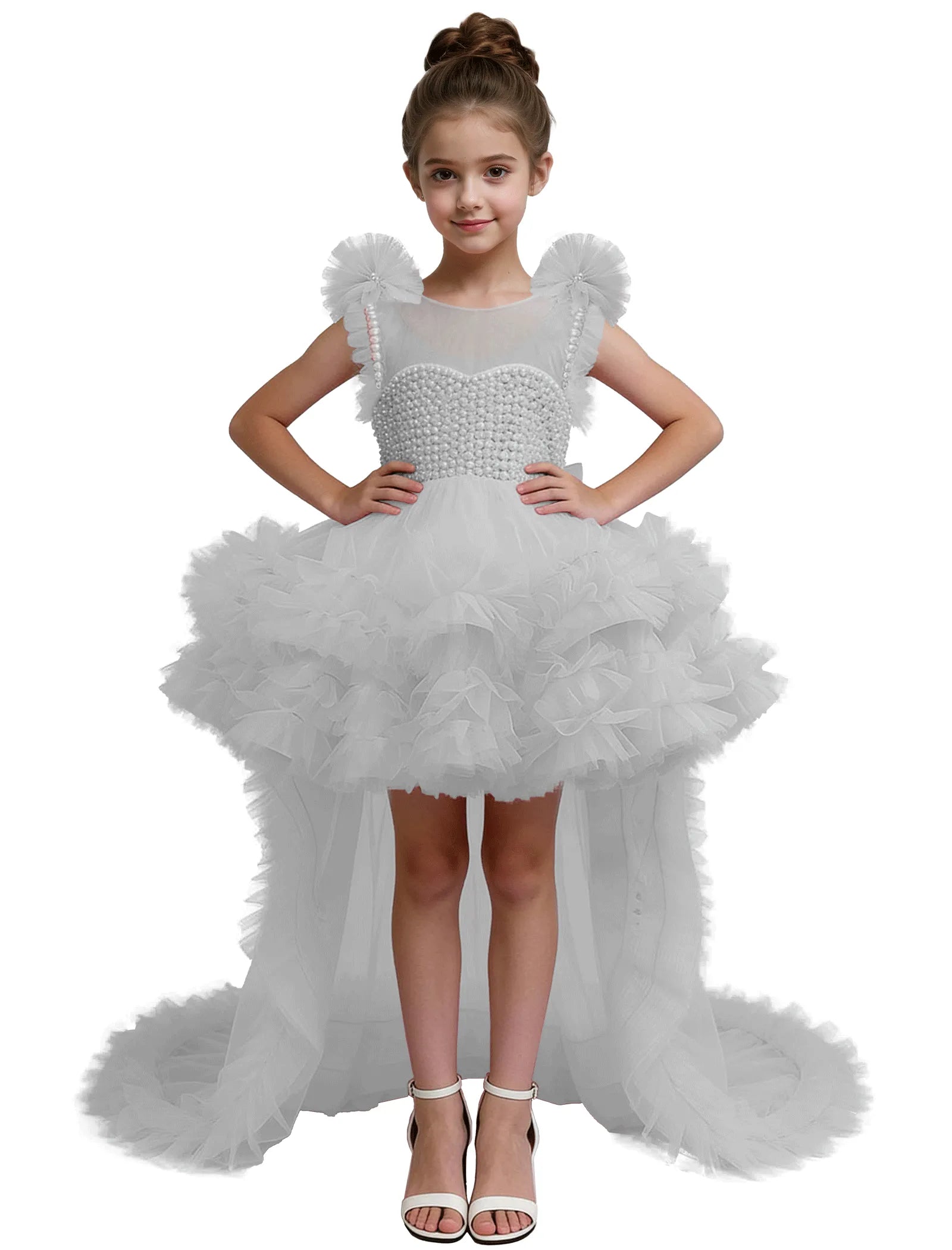 High-Low Pearl Bodice Tulle Princess Gown for Girls