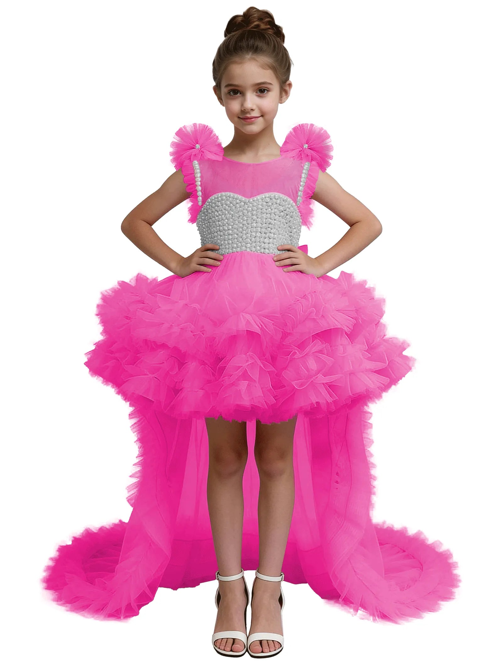High-Low Pearl Bodice Tulle Princess Gown for Girls