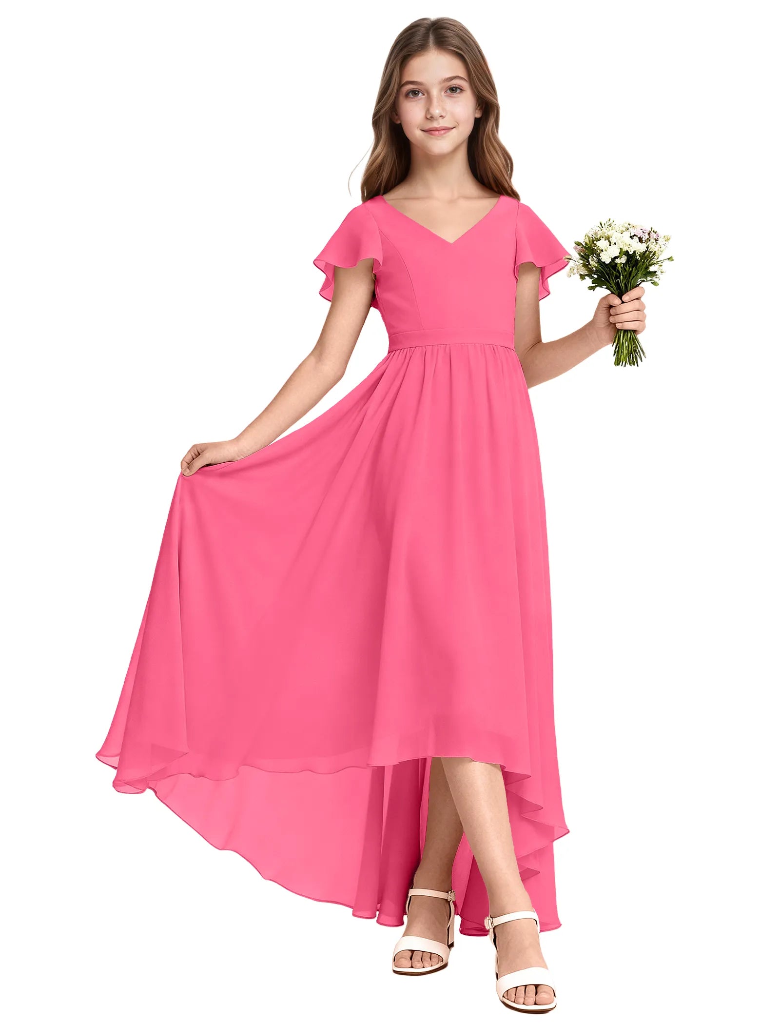 Girls Flutter Sleeve High Low Dress for Weddings