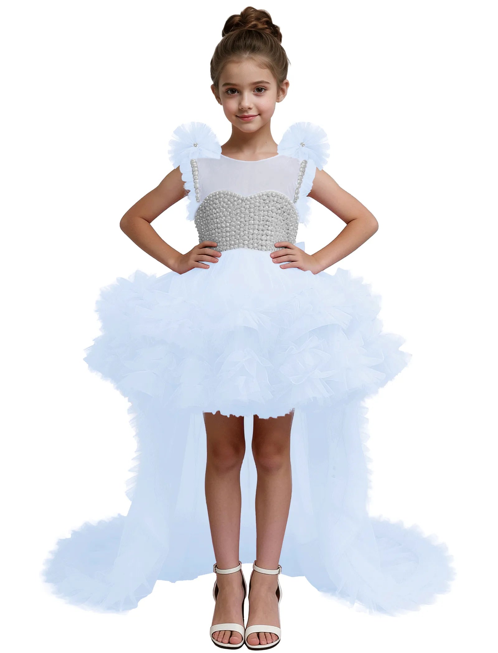 High-Low Pearl Bodice Tulle Princess Gown for Girls