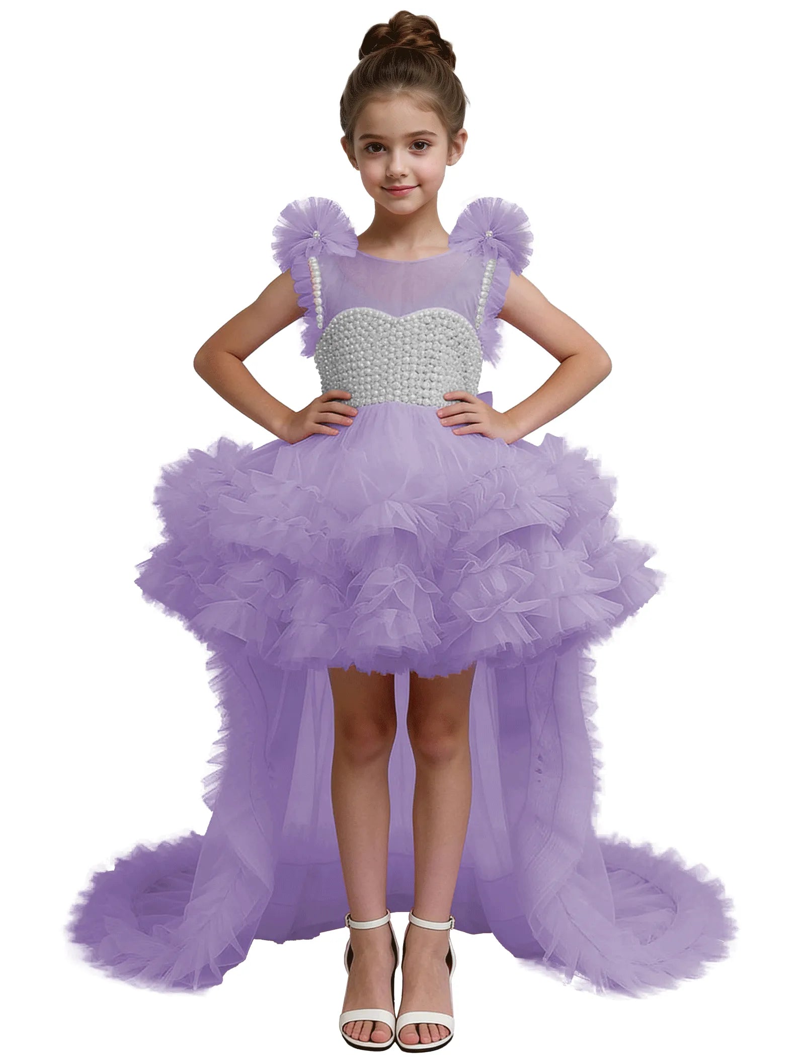 High-Low Pearl Bodice Tulle Princess Gown for Girls