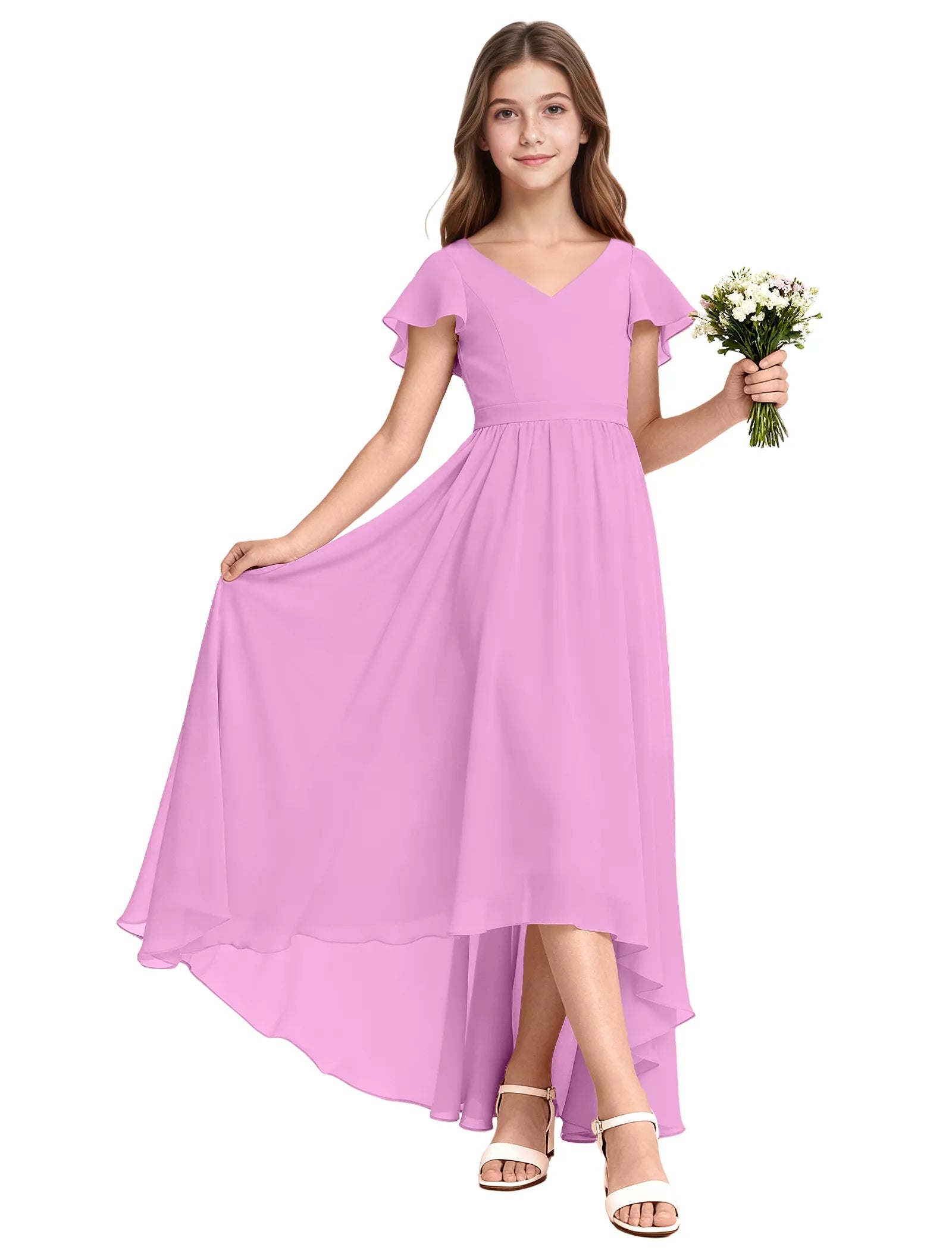 Girls Flutter Sleeve High Low Dress for Weddings