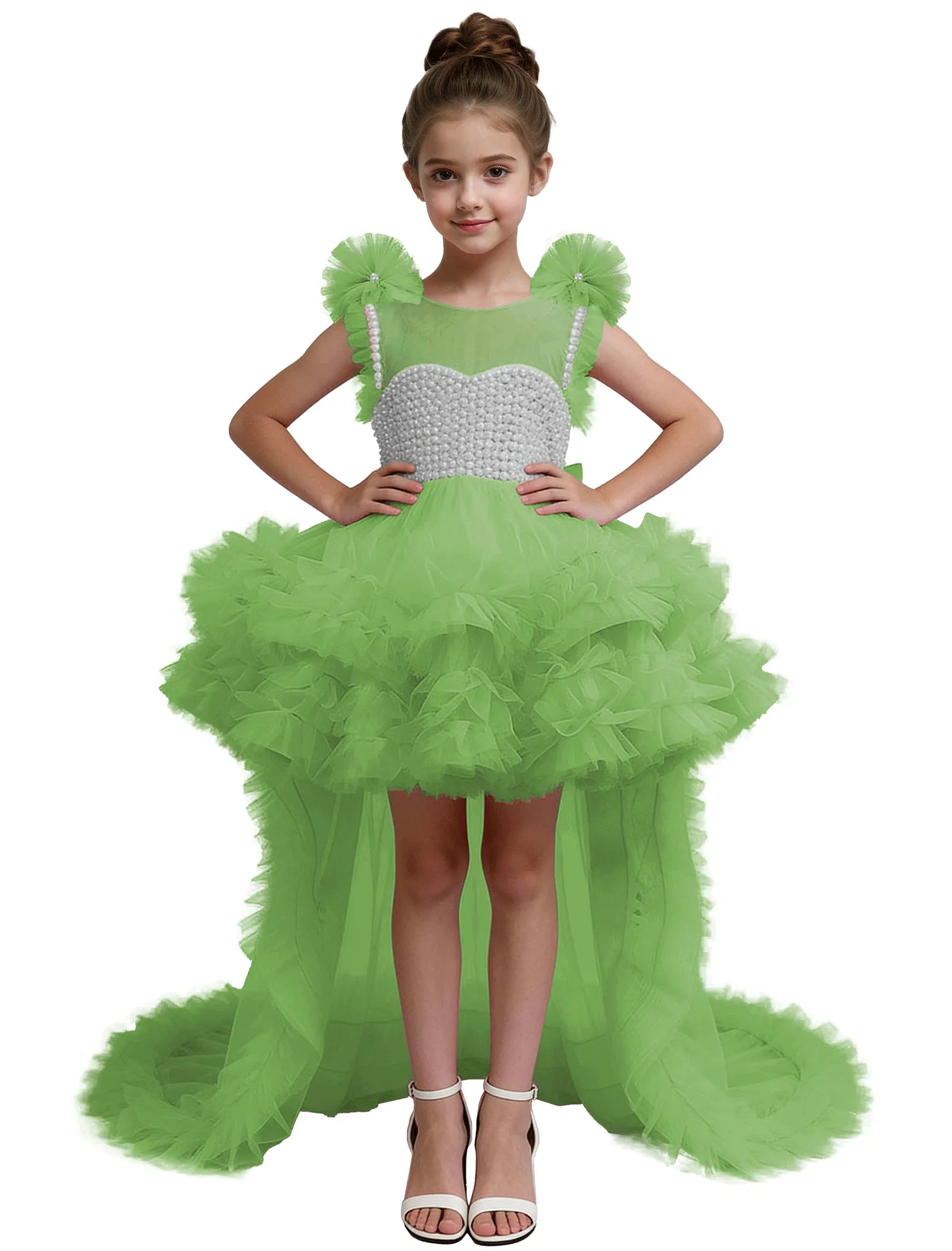 High-Low Pearl Bodice Tulle Princess Gown for Girls