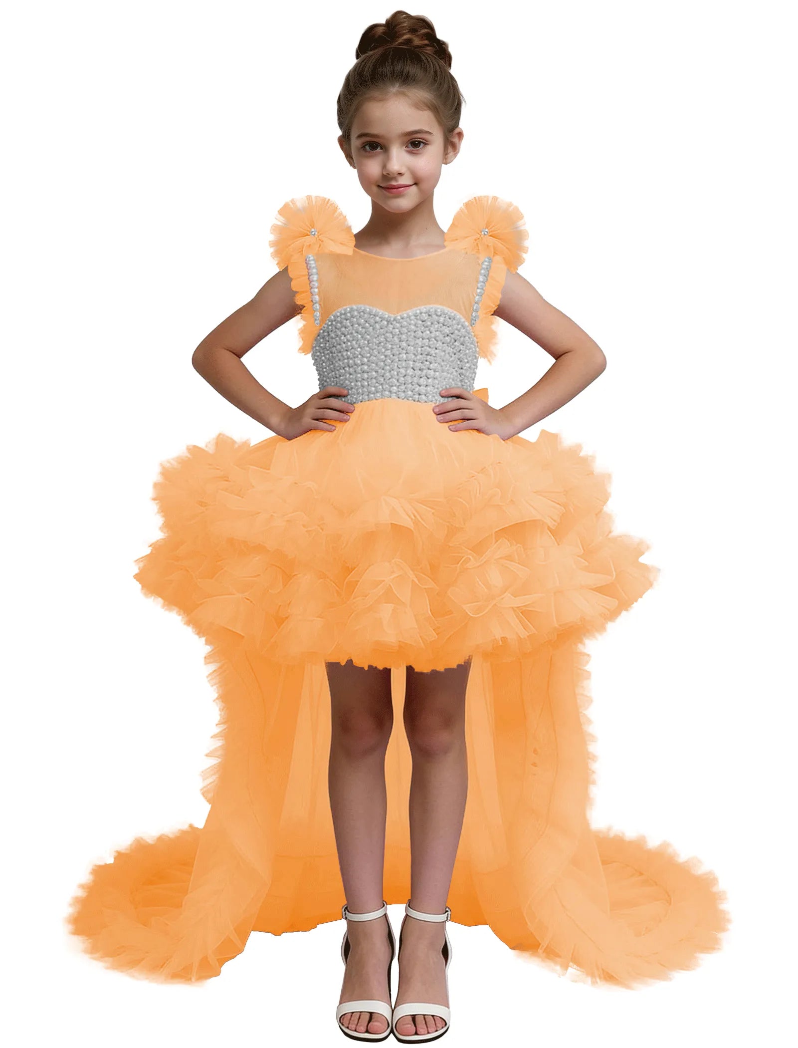 High-Low Pearl Bodice Tulle Princess Gown for Girls