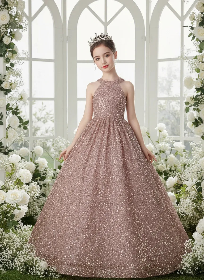 Halter Neck Sparkle Flower Girl Dress with Tie-Back Detail | Fynony Halter Neck Sparkle Flower Girl Dress with Tie-Back Detail | Fynony