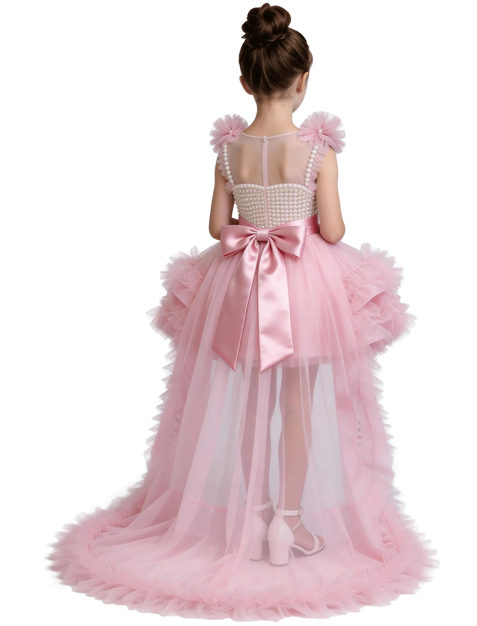 High-Low Pearl Bodice Tulle Princess Gown for Girls