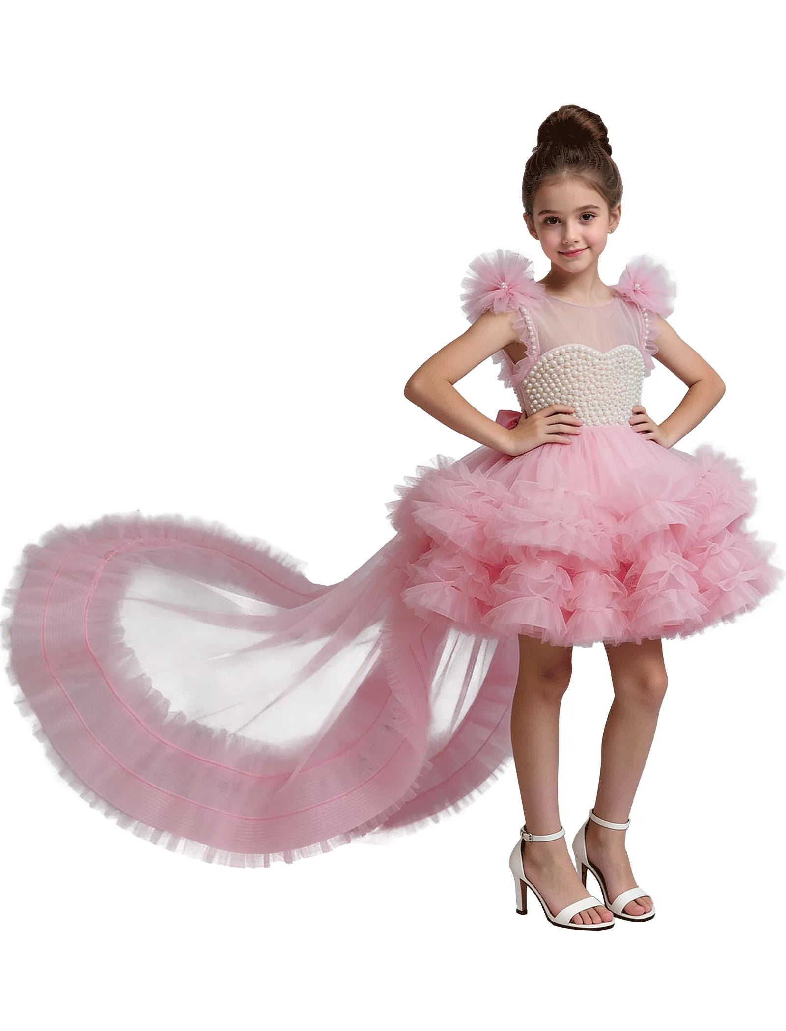 High-Low Pearl Bodice Tulle Princess Gown for Girls