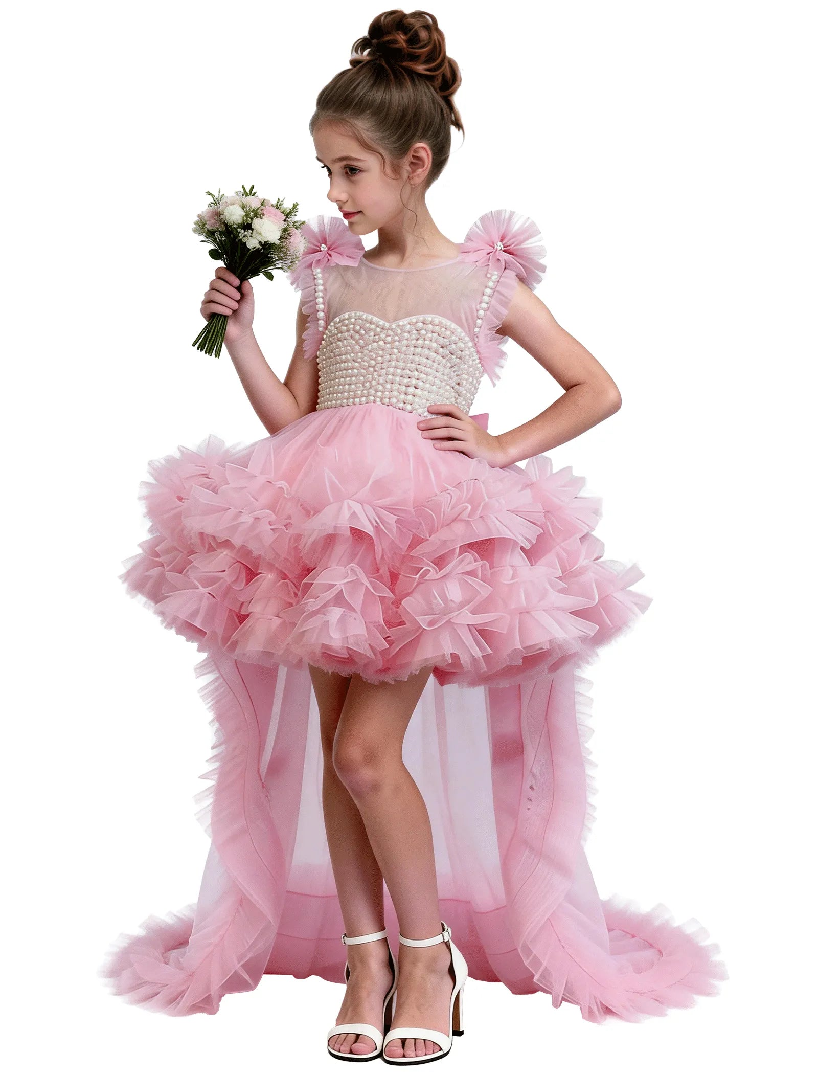 High-Low Pearl Bodice Tulle Princess Gown for Girls