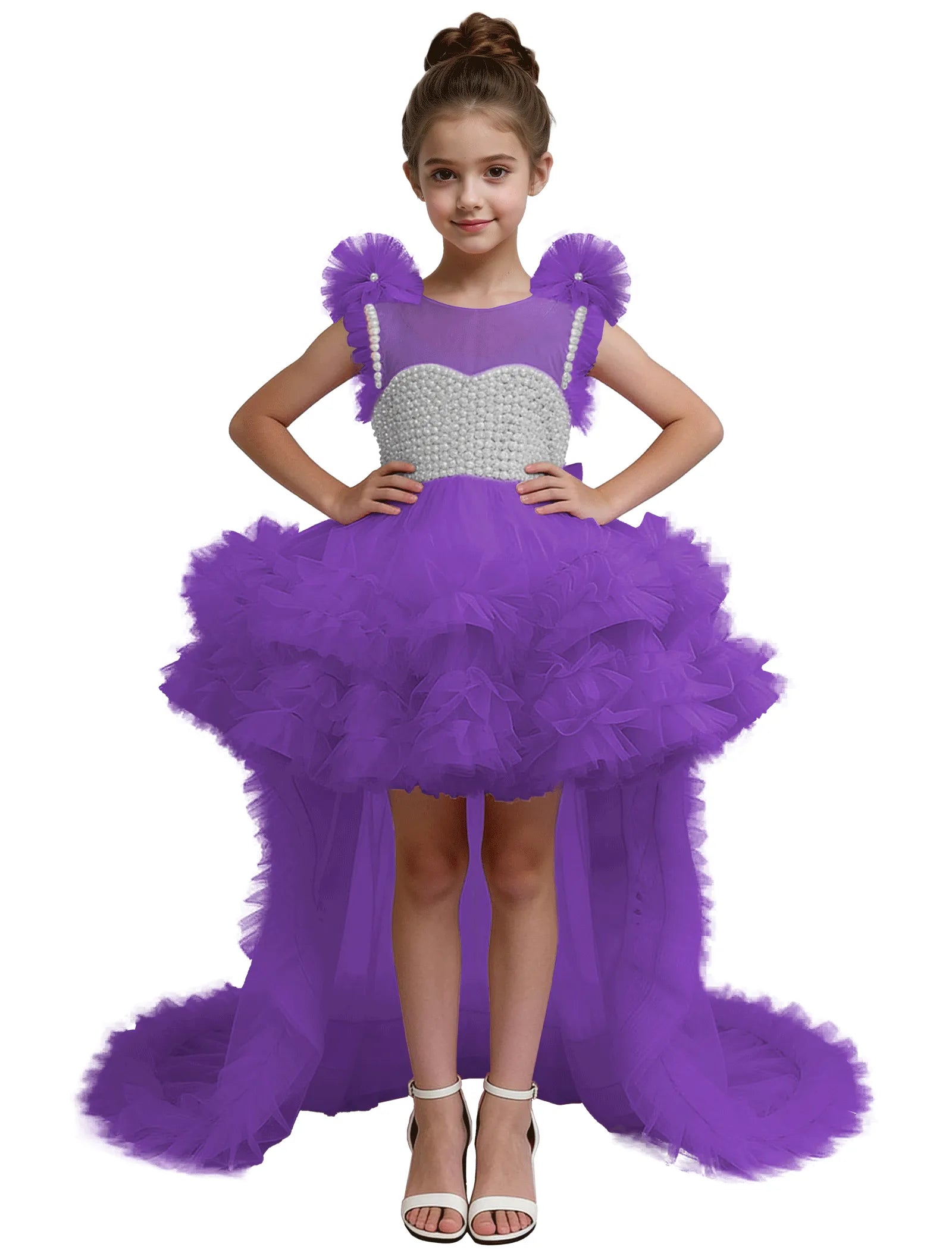 High-Low Pearl Bodice Tulle Princess Gown for Girls