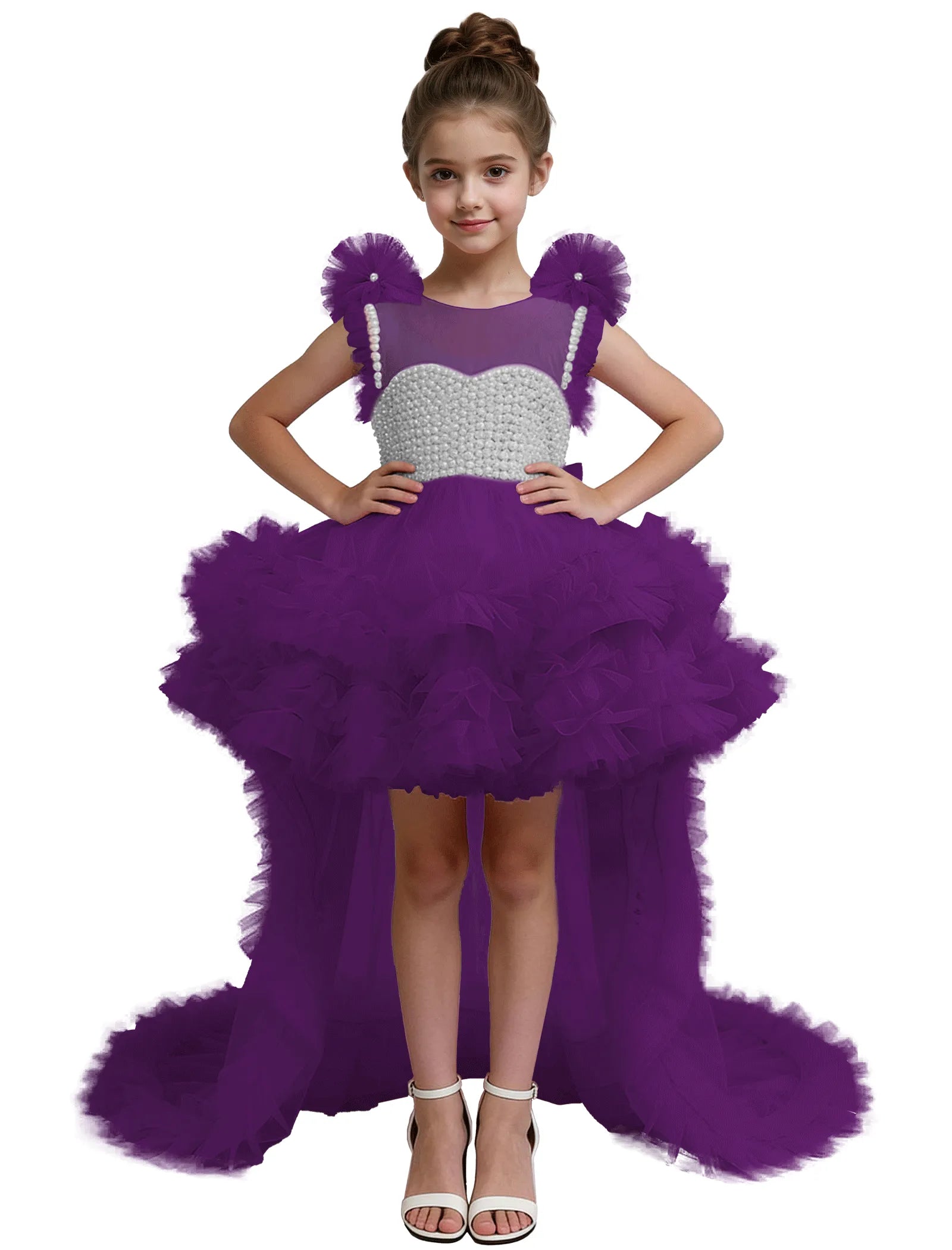 High-Low Pearl Bodice Tulle Princess Gown for Girls