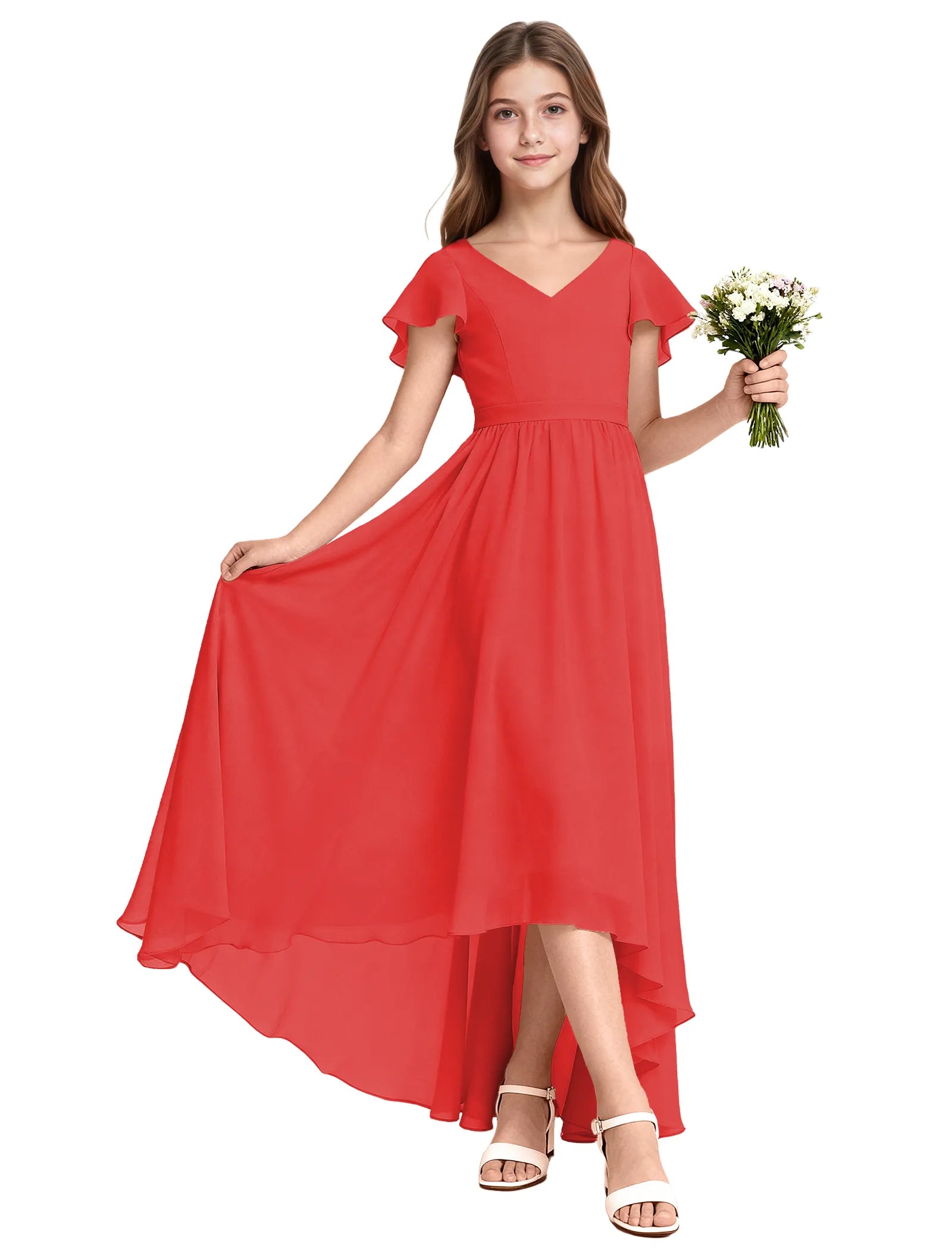 Girls Flutter Sleeve High Low Dress for Weddings