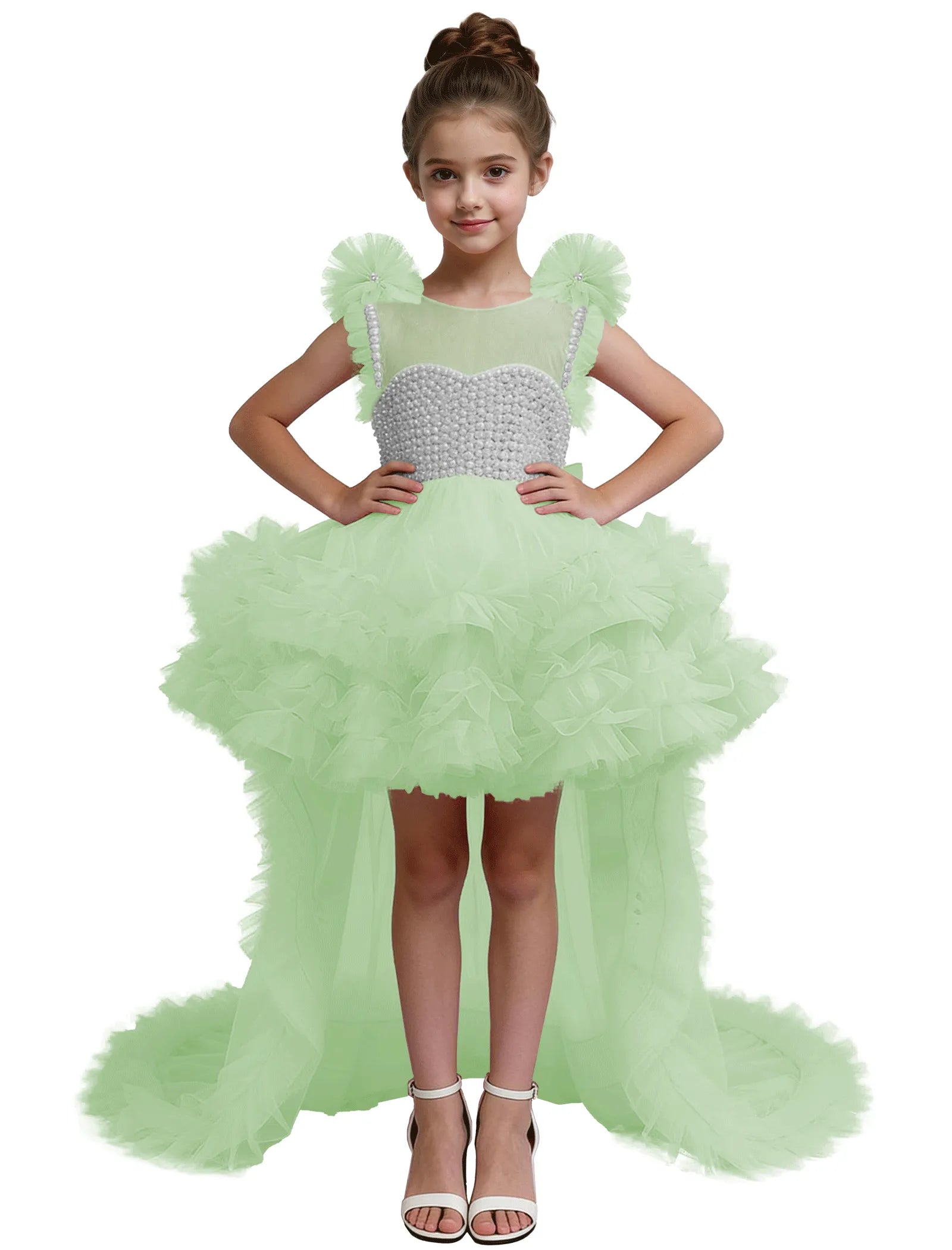 High-Low Pearl Bodice Tulle Princess Gown for Girls