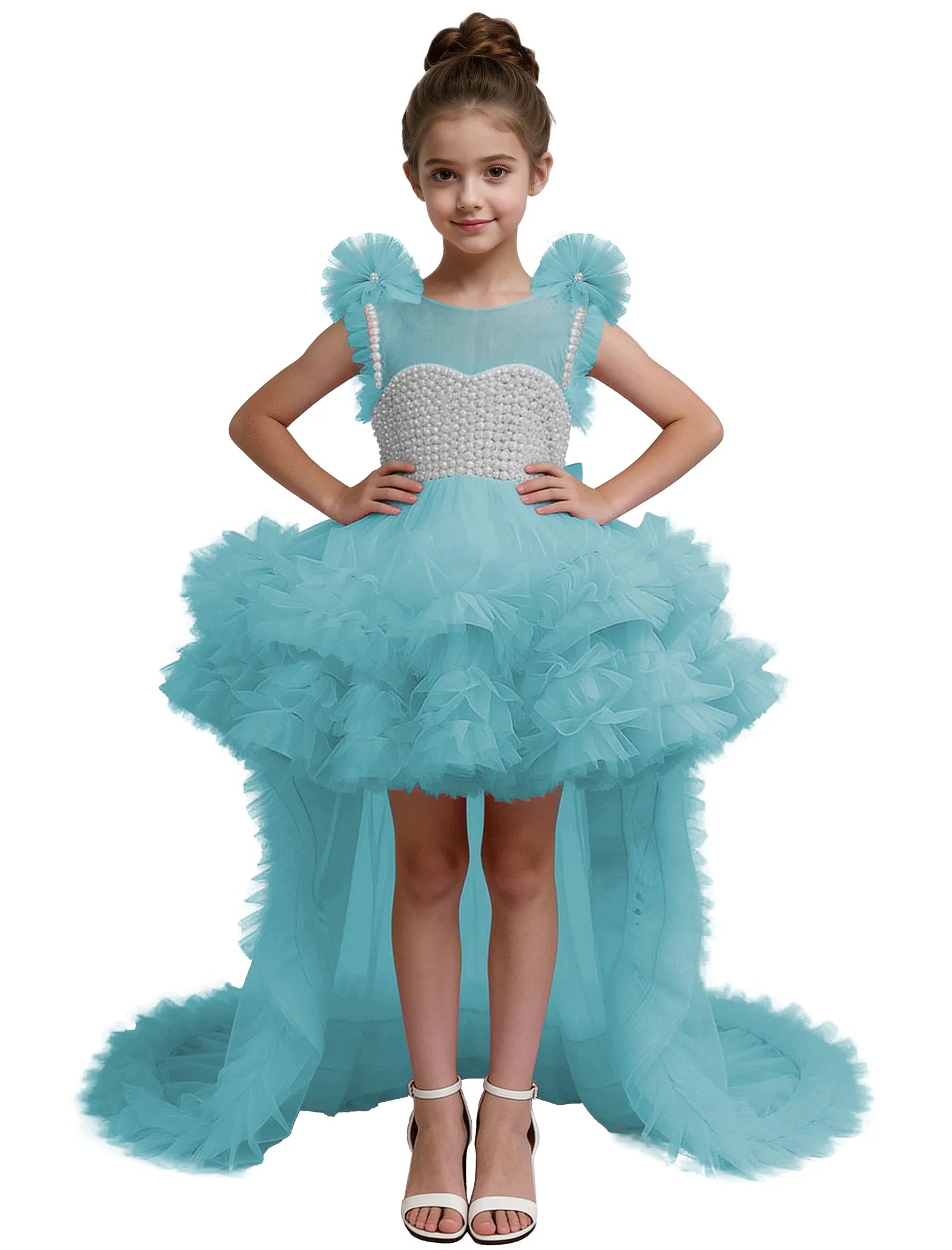 High-Low Pearl Bodice Tulle Princess Gown for Girls