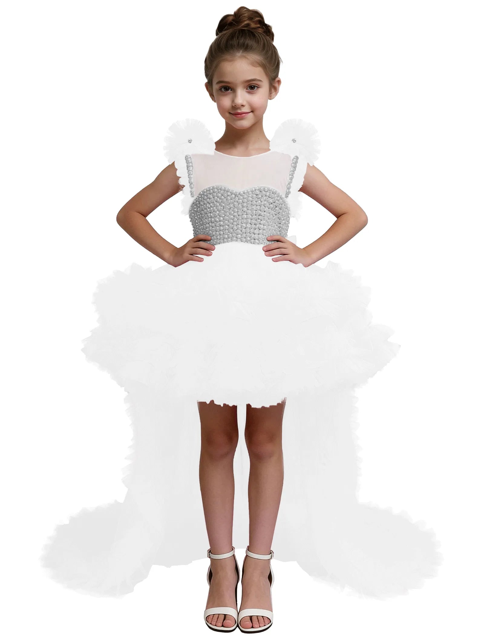 High-Low Pearl Bodice Tulle Princess Gown for Girls
