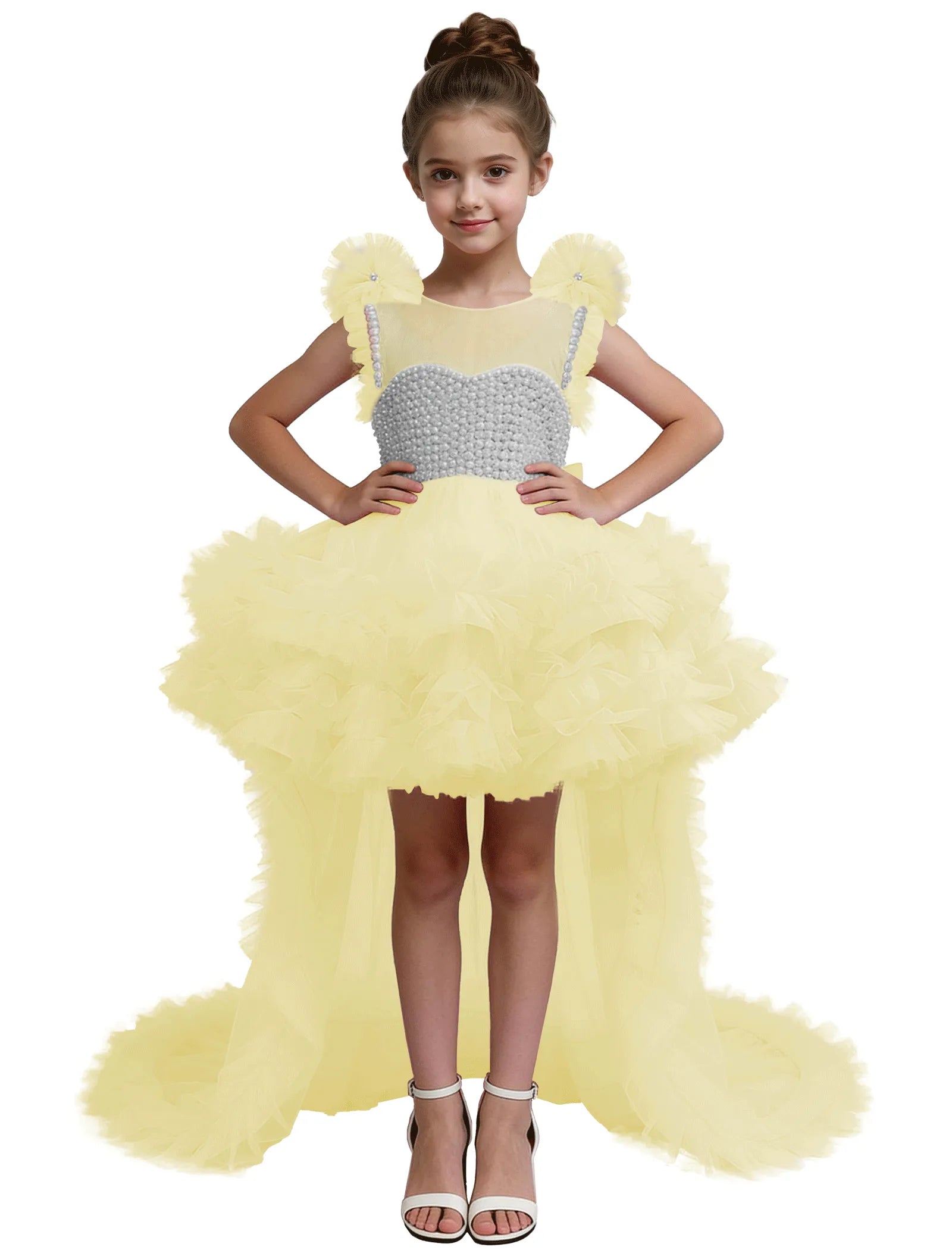 High-Low Pearl Bodice Tulle Princess Gown for Girls