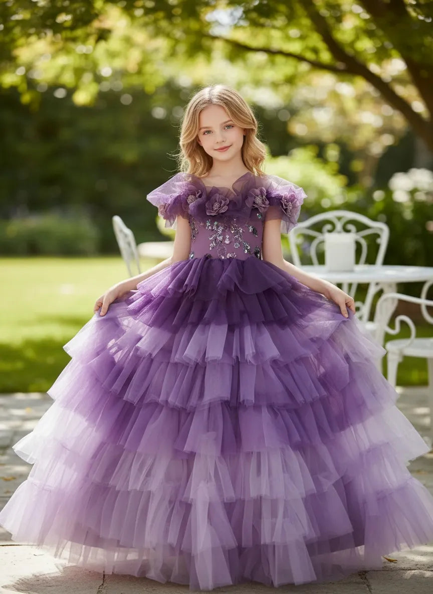 light purple ruffle dress Girls Layered Tulle Flower Girl Dress with Ruffles & Sequins
